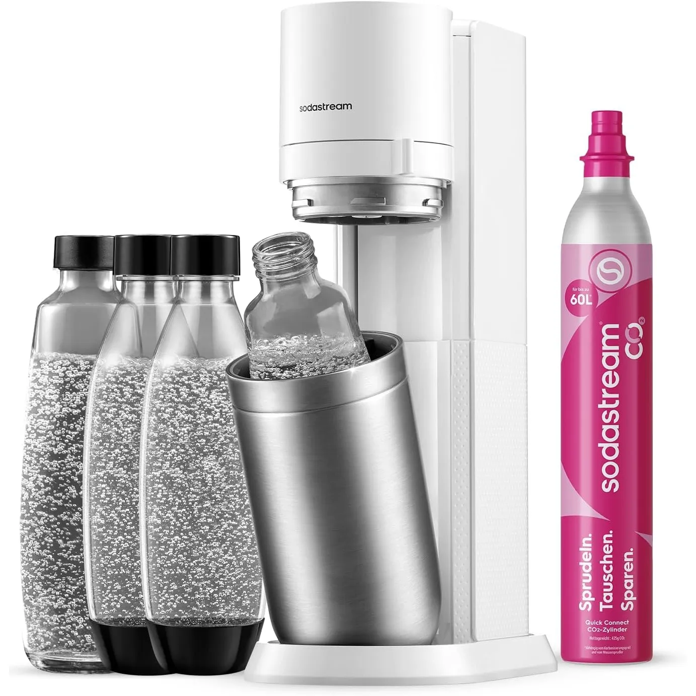 SodaStream Wassersprudler Duo mit CO2-Zylinder, 2X Glasflasche und 2X 1L spülmaschinenfeste Kunststoff-Flasche, Weiß, H…