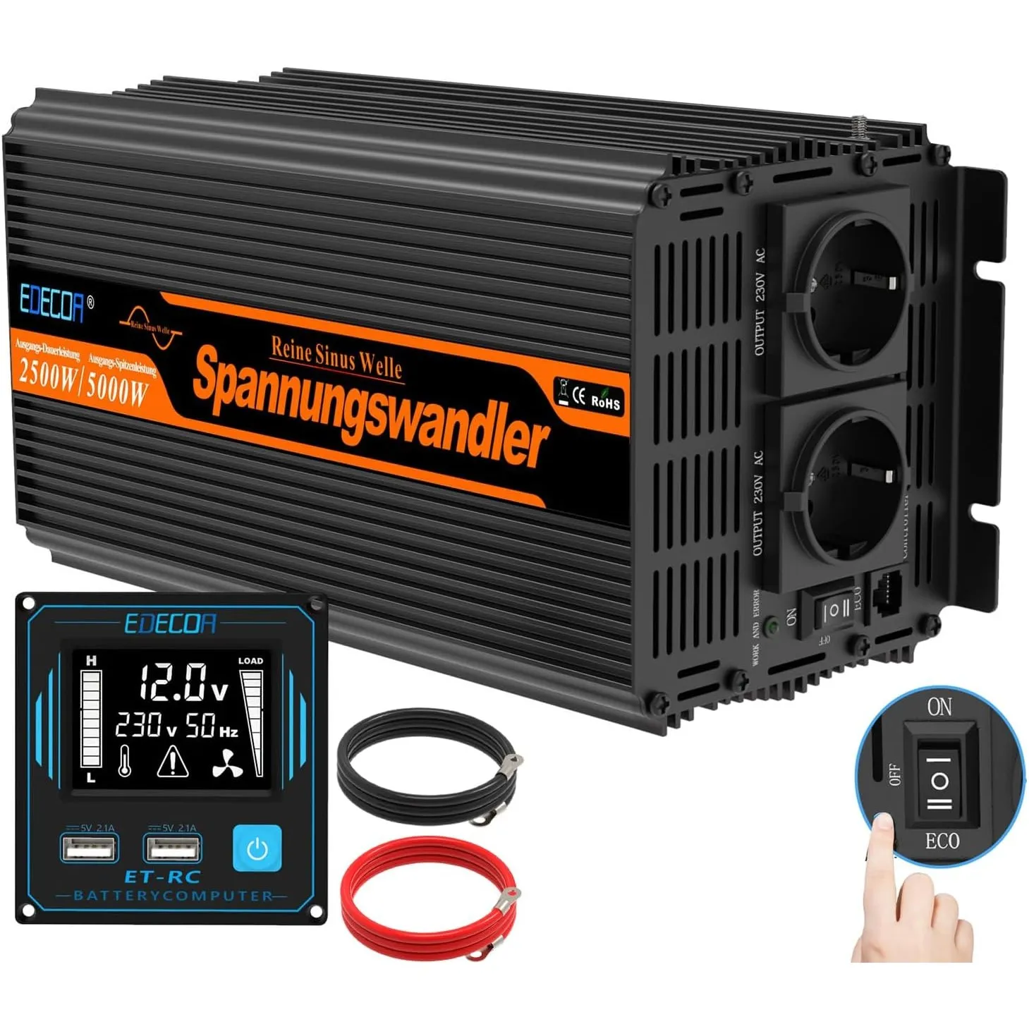 EDECOA Wechselrichter 2500w Reiner Sinus Spannungswandler 12v 230v LCD 2X USB und Fernbedienung wandler 2500w und kurzf…