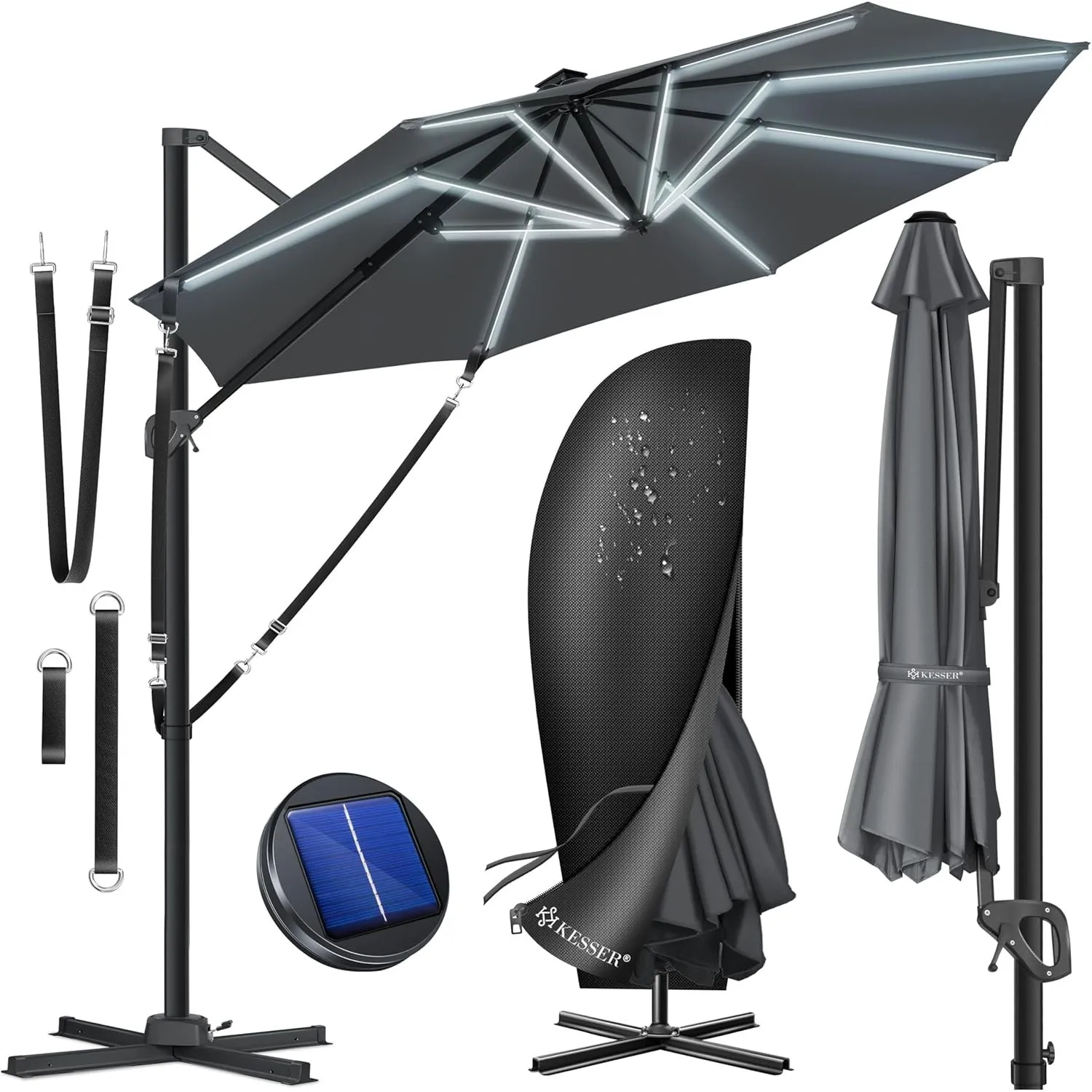 KESSER® Sonnenschirm Ampelschirm SUN Rund LED XL Ø330 cm, 7-Fach Verstellbar Drehbar Neigbar Kippbar Groß 360° Drehbar …