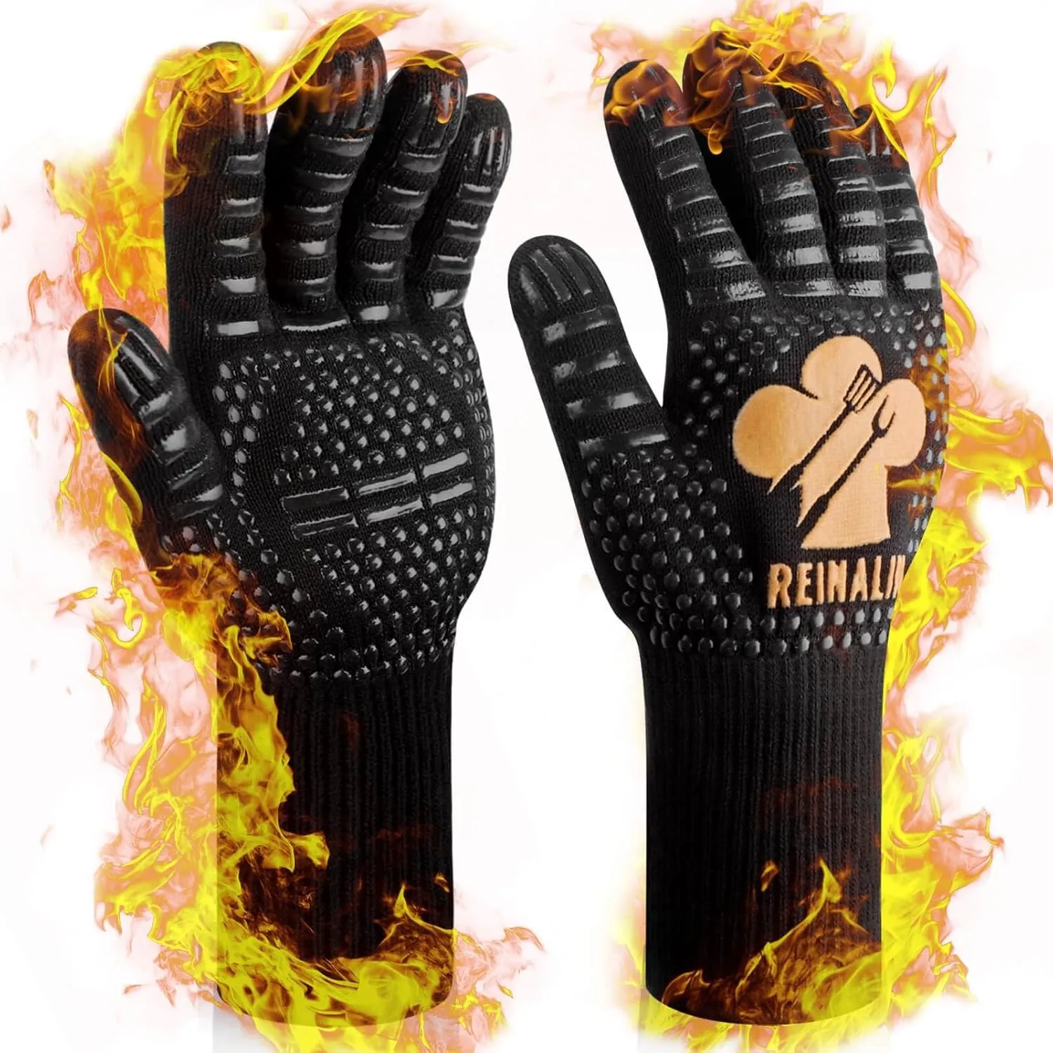 Reinalin Grillhandschuhe Hitzebeständig bis 800°C, Ofenhandschuhe Topfhandschuhe Feuerfeste Handschuhe BBQ Handschuhe K…