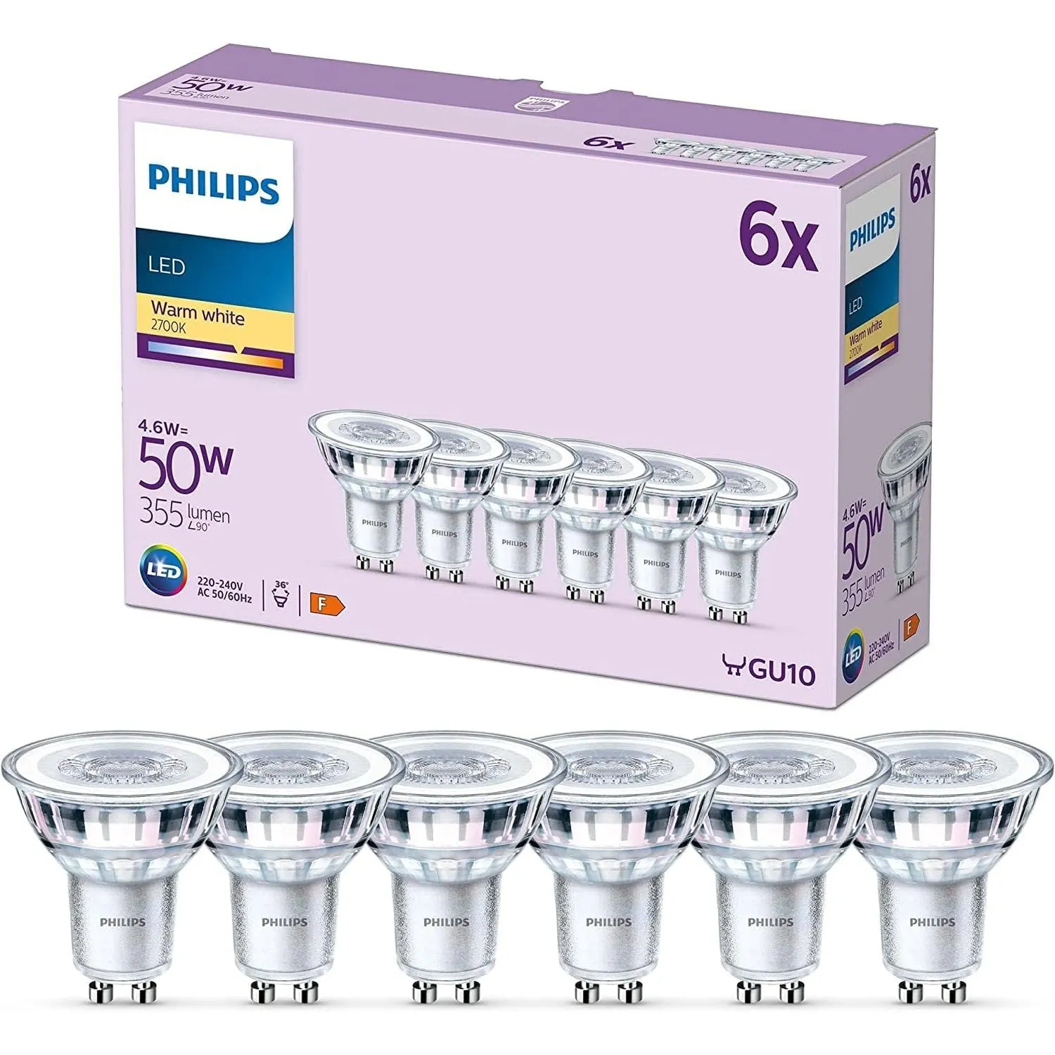PHILIPS LED Classic GU10 Lampen, 6er-Pack, 50 W, Reflektor LED Spots, warmweiß, energiesparend
