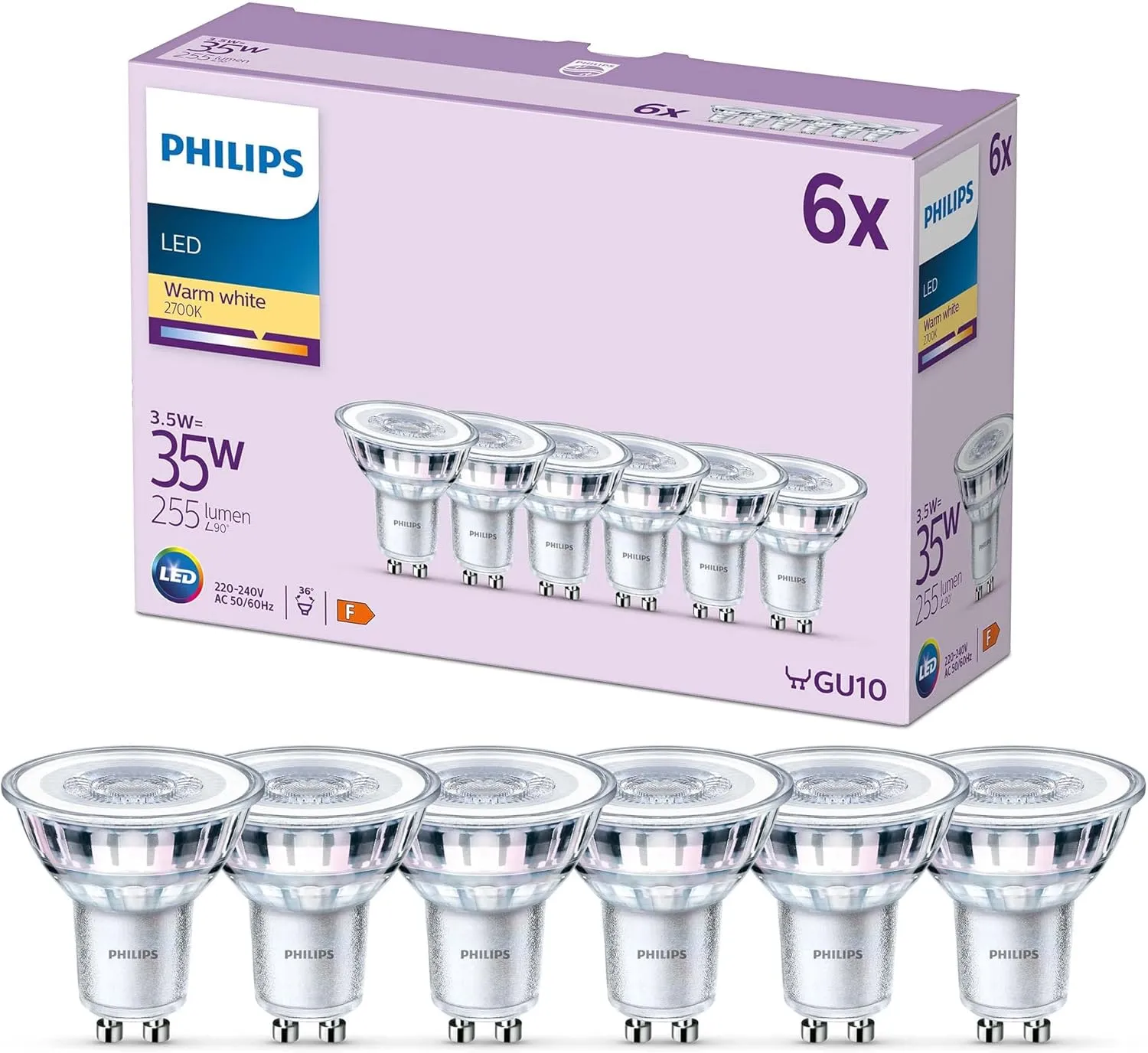 Philips LED Classic GU10 Lampen 6-er Pack (35 W), Reflektor LED Spots mit warmweißem Licht, energiesparende Lampen mit …