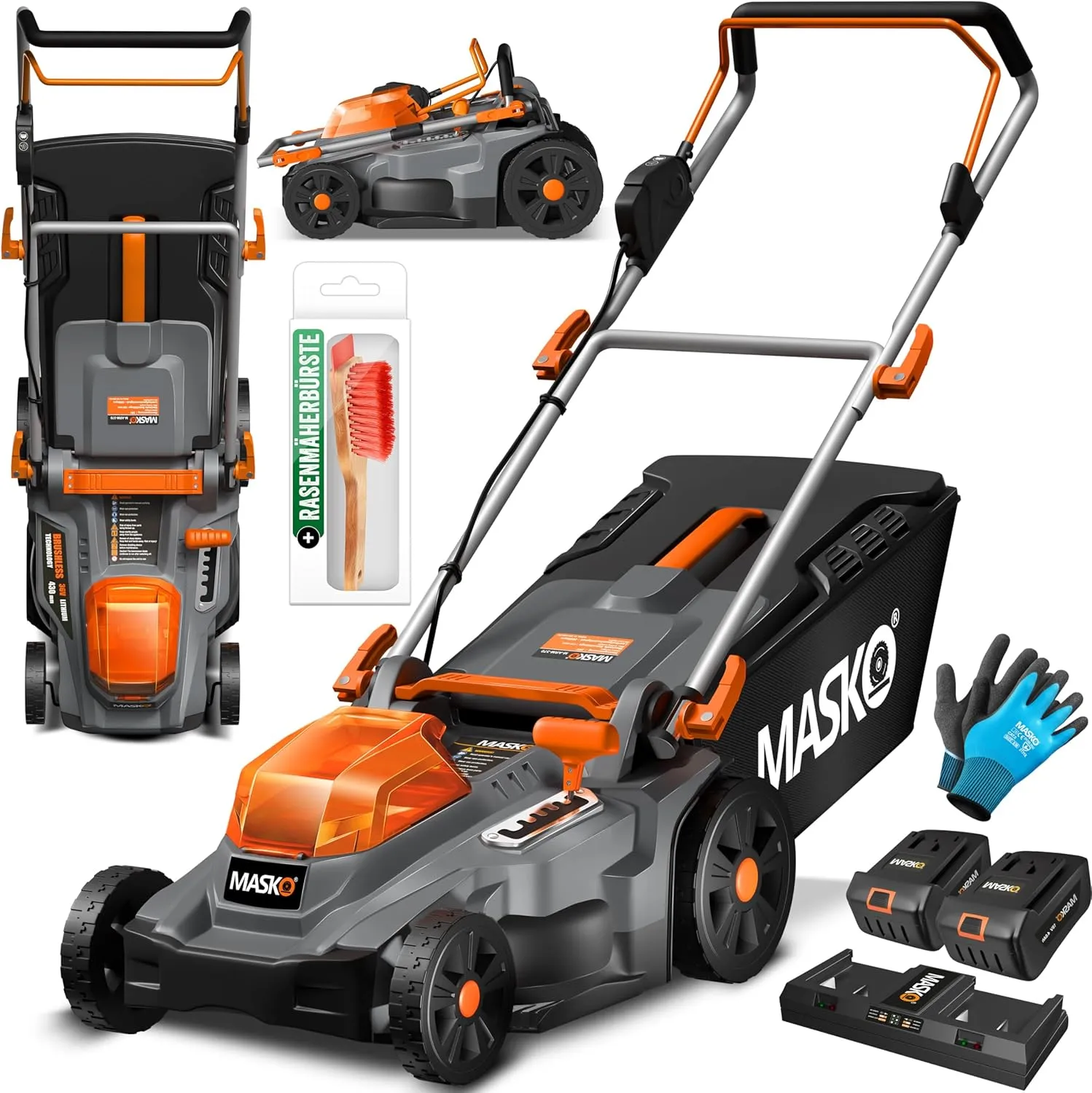 MASKO Battery Lawn Mower with Mulching Function, 2 x Batteries Li-Ion Battery 4Ah and Double Charger Grass Trimmer 43 c…