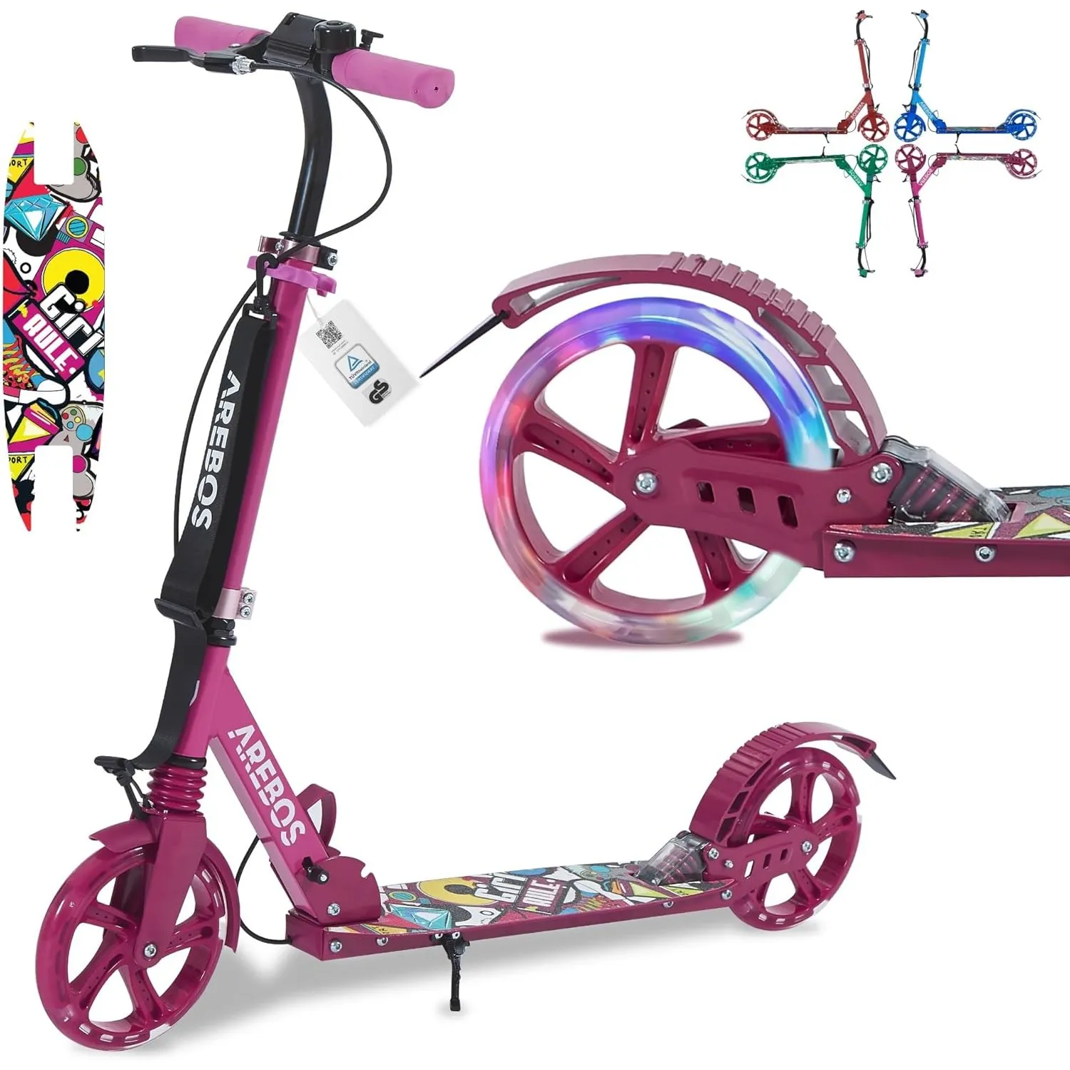 Arebos Cityroller Tretroller mit LED | höhenverstellbar | klappbar | inkl. Tragegurt | Hand- & Trittbremse | für Kinder…
