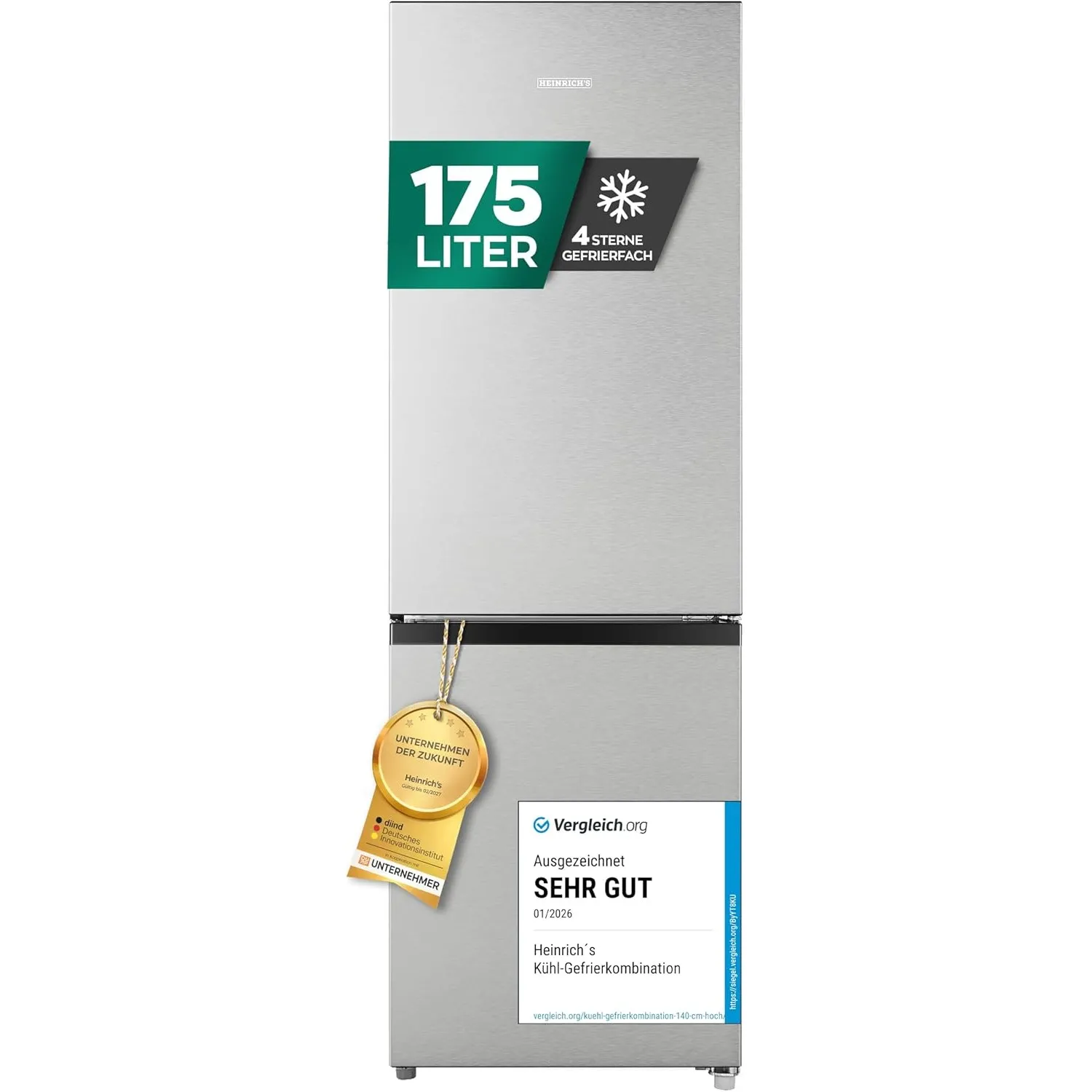 Heinrich´s Kühlgefrierkombination 175Liter, XXL, kühlschrank mit gefrierfach, Kühlvolumen 122L, Gefrierfach 53L, leise …