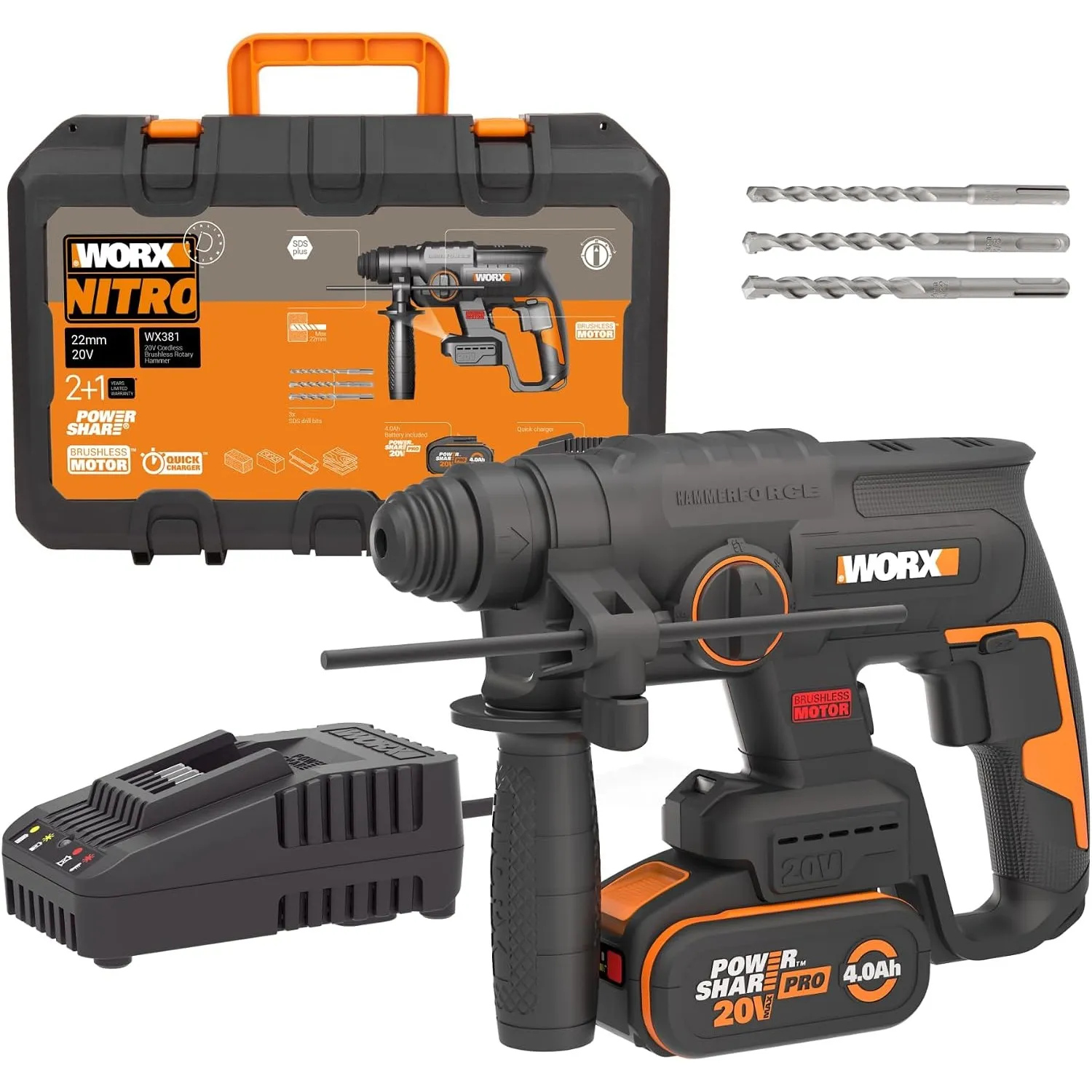 WORX WX381 Akku Bohrhammer 20V, inkl. 4Ah Pro Akku & Schnellladegerät
