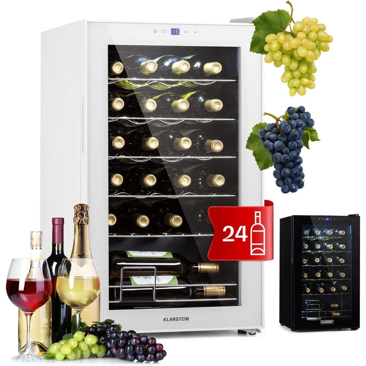 Klarstein Shiraz Weinkühlschrank Weiß – 24 Flaschen, 63 L, 1 Zone | Getränkekühlschrank mit Glastür, freistehend, leise…