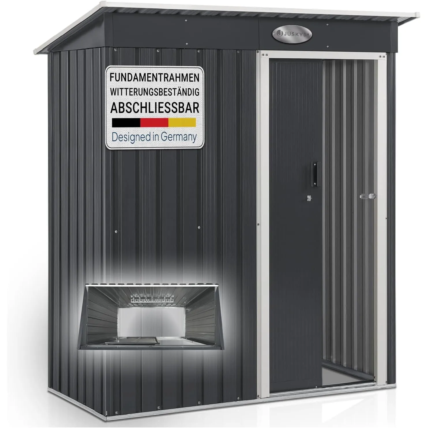 Juskys Gerätehaus Metall 1 m² – Geräteschuppen mit Pultdach, Schiebetür & Fundamentrahmen, kleines Gartenhaus als Garte…