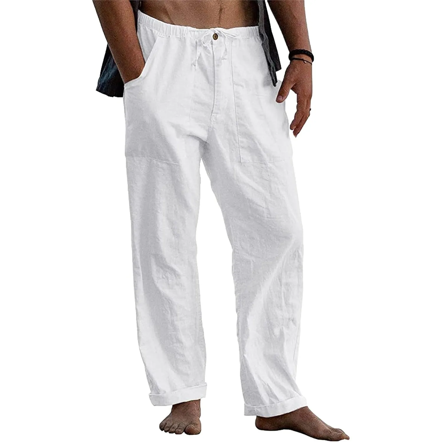 LVCBL Leinenhose Herren Sommer Herbst Lose Lässige Leinenhose mit Taschen Elastischer Bund