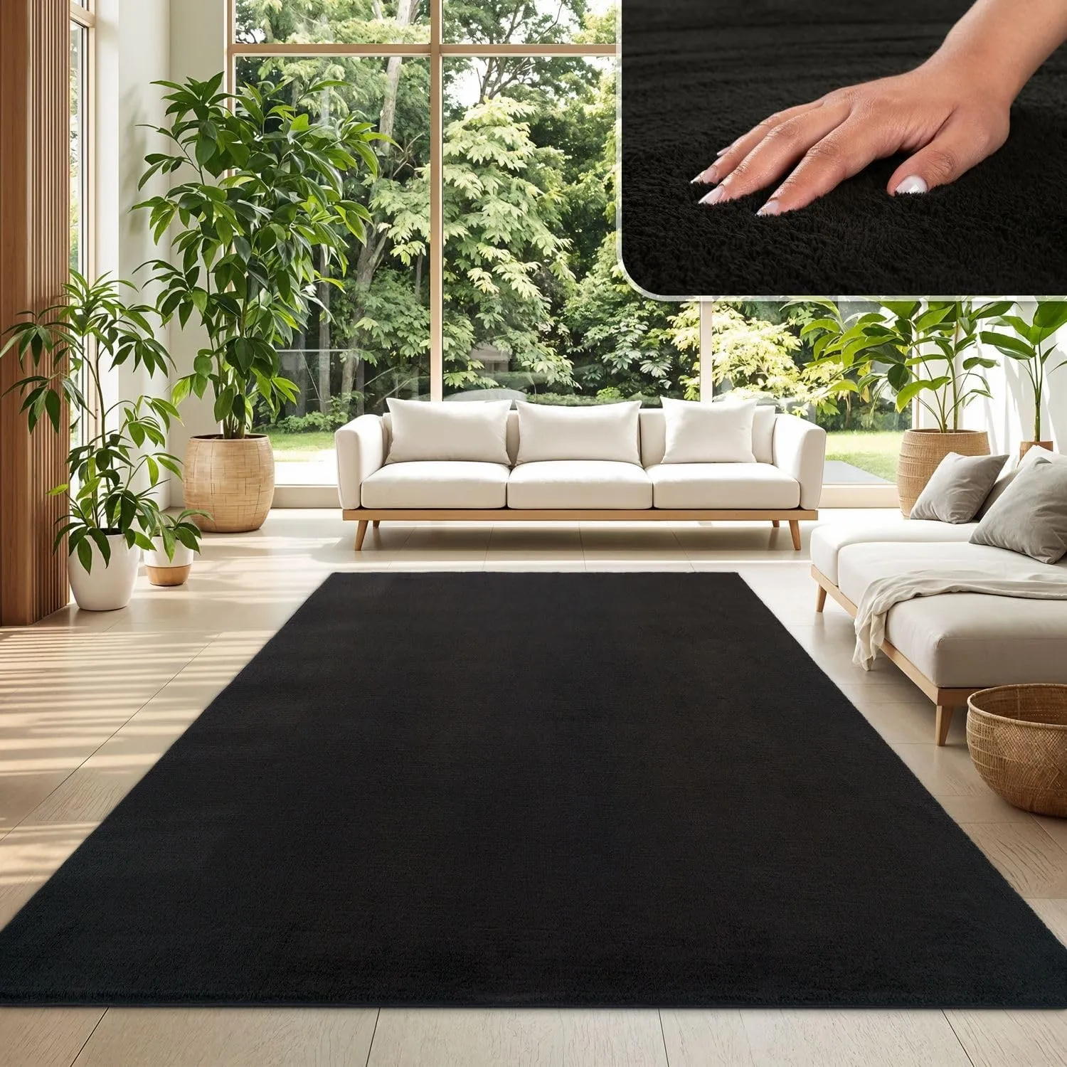 TT Home Teppich Wohnzimmer Schwarz 160x220 cm, Waschbar & Kurzflor
