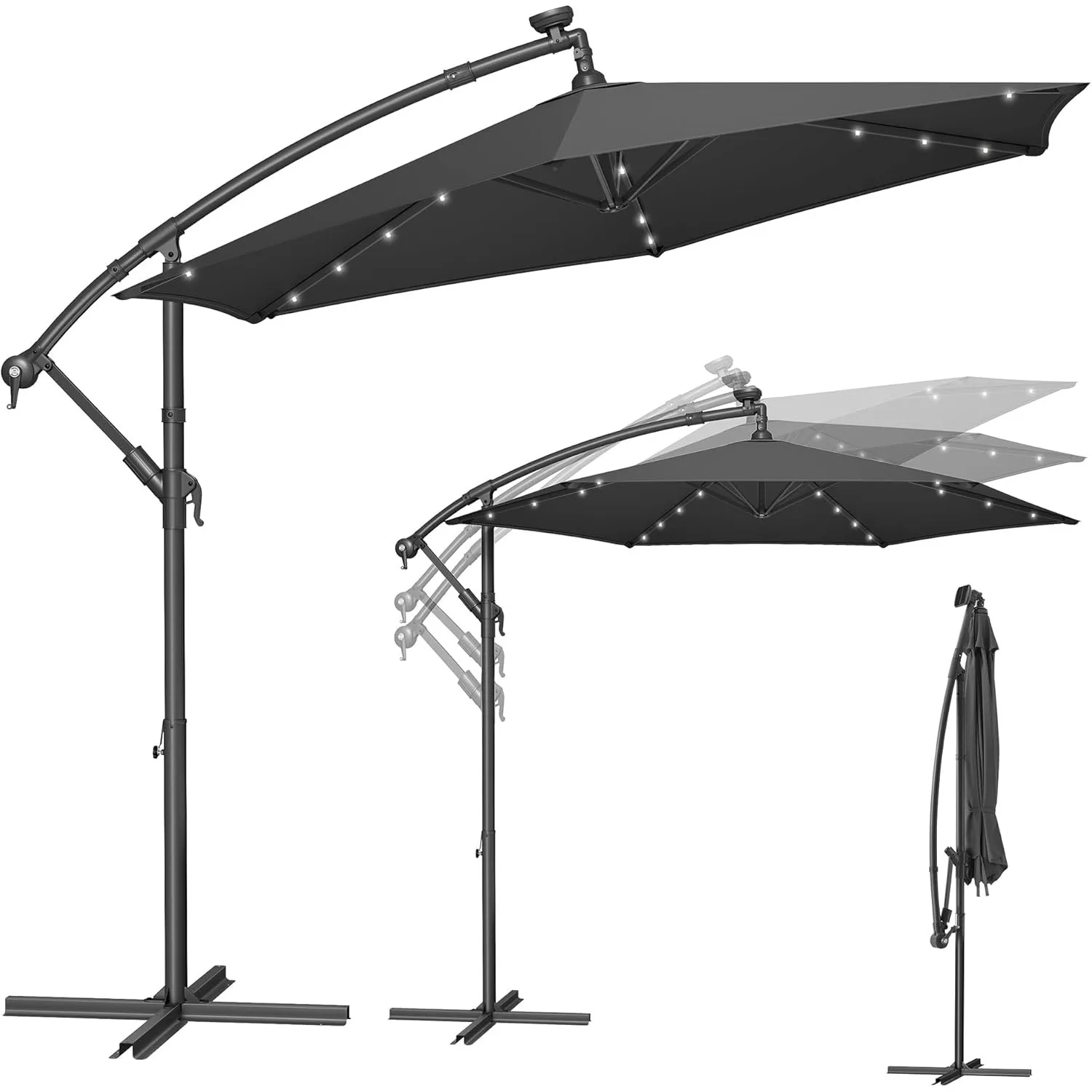 SONGMICS Sonnenschirm mit LED-Solar-Beleuchtung, Ampelschirm 300 cm d, 32 LED-Lämpchen, mit Ständer, Sonnenschutz Balko…