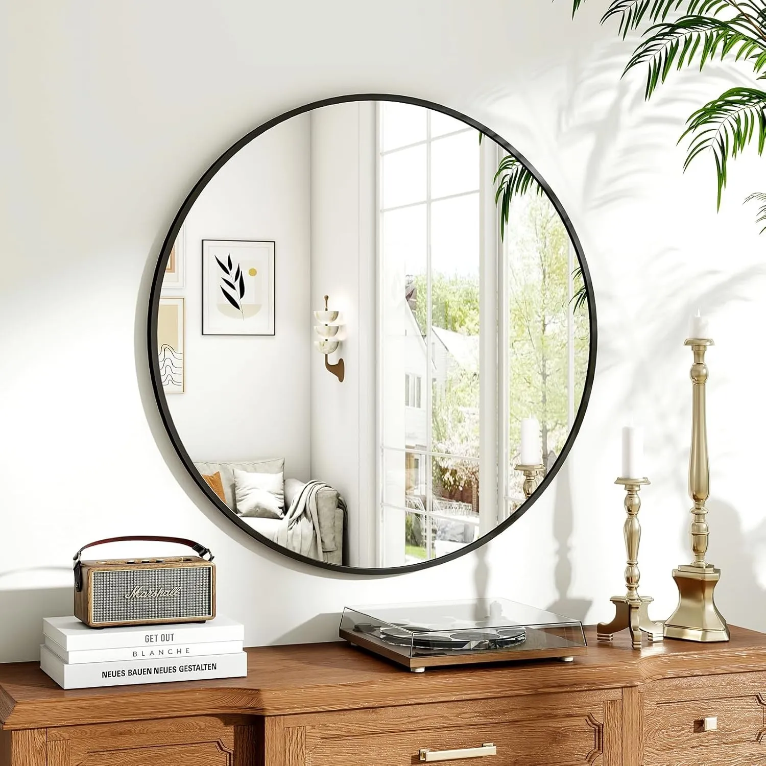 Koonmi runder Wandspiegel 70 cm, Metallrahmen, Schwarz