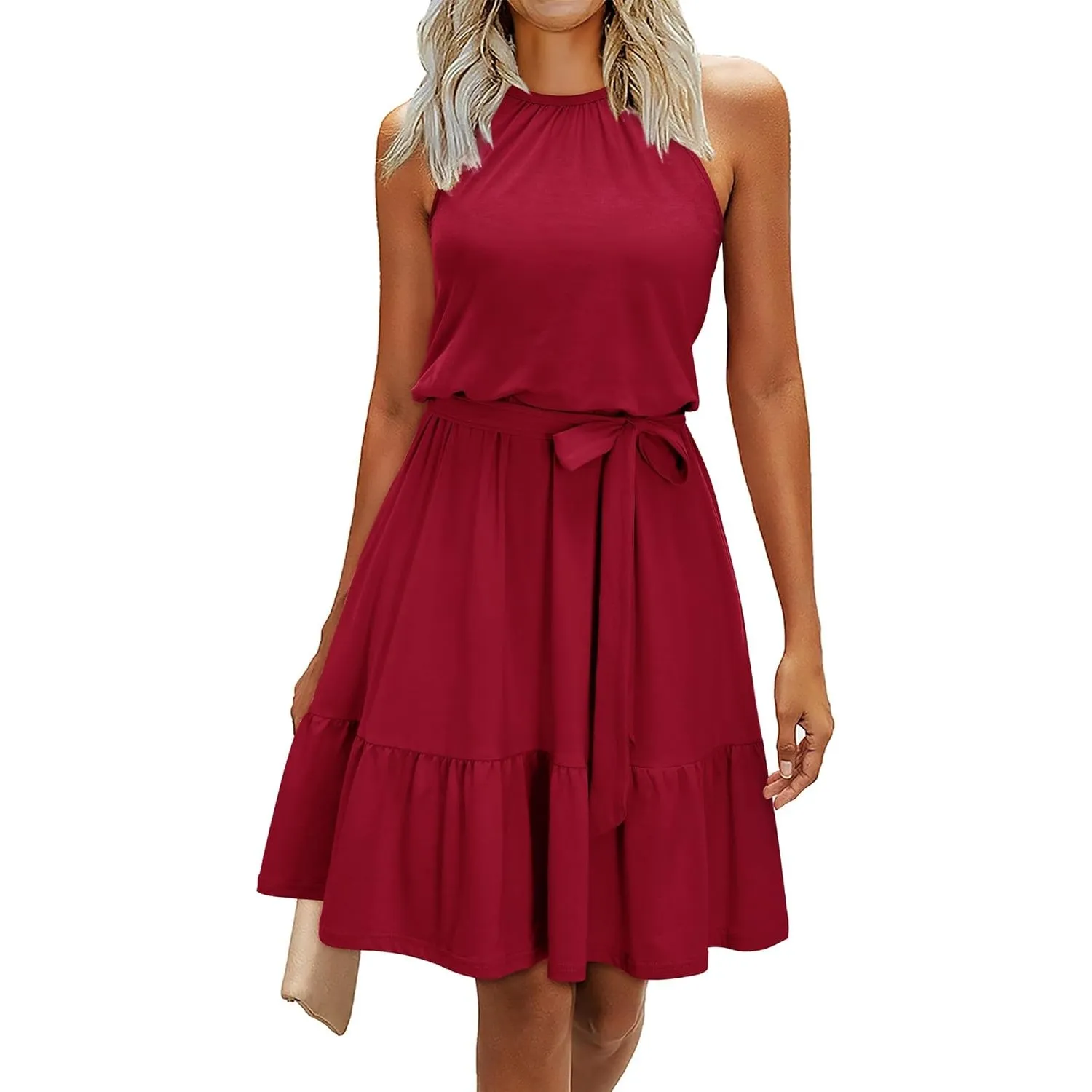 Newshows Sommerkleider Damen Knielang Elegant Kleid Blumenmuster Neckholder Rüschen Freizeitkleider mit Taschen