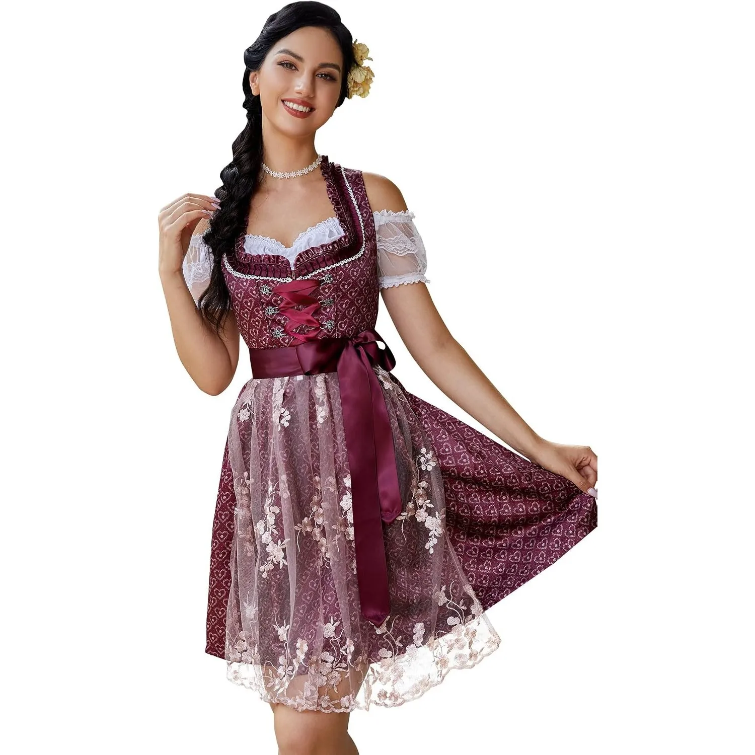 KOJOOIN Trachtenkleid Damen Dirndl Kurz Midi 3tlg. für Oktoberfest-DREI Teilig: Kleid, Bluse, Schürze