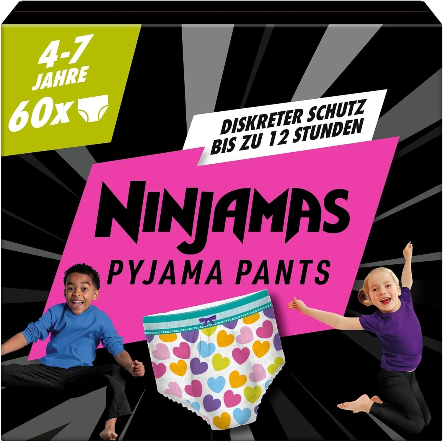 Ninjamas Pyjama Pants Herzen, 60 absorbierende Nachthöschen, 7 Jahre, 17kg-30kg, Auslaufschutz für die ganze Nacht