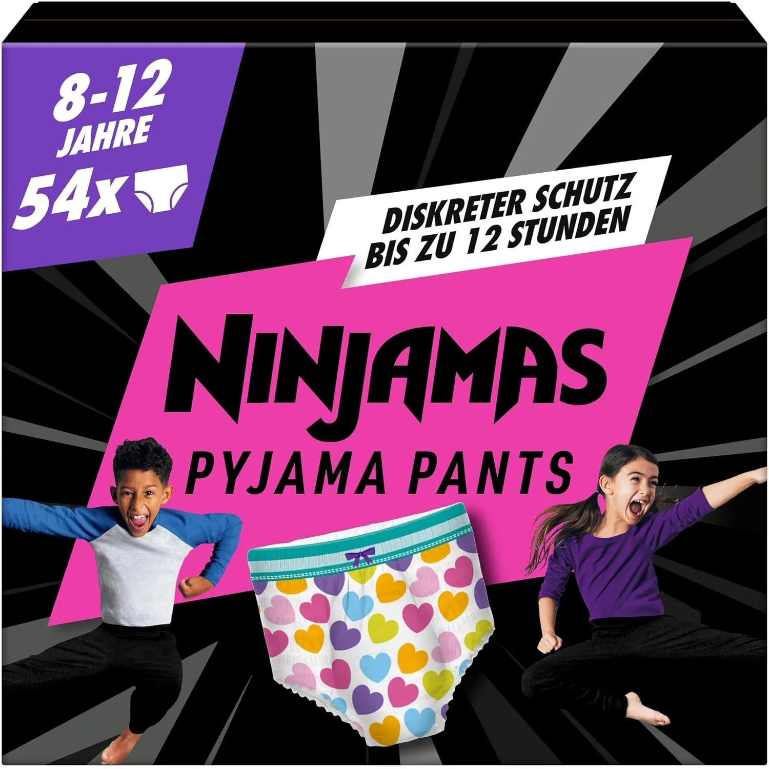 Ninjamas Pyjama Pants Herzen, 54 absorbierende Nachthöschen, 8 Jahre, 27kg-43kg, Auslaufschutz für die ganze Nacht