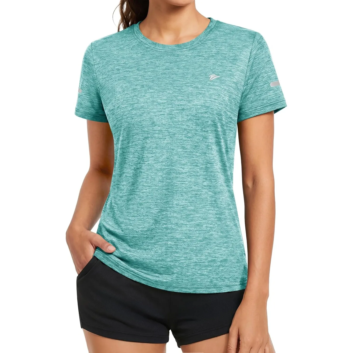 KEFITEVD Melange Sportshirt Damen Kurzarm mit Reflexstreifen Atmungsaktiv Stretch Funktionsshirt Rundhals Leicht Tshirt…