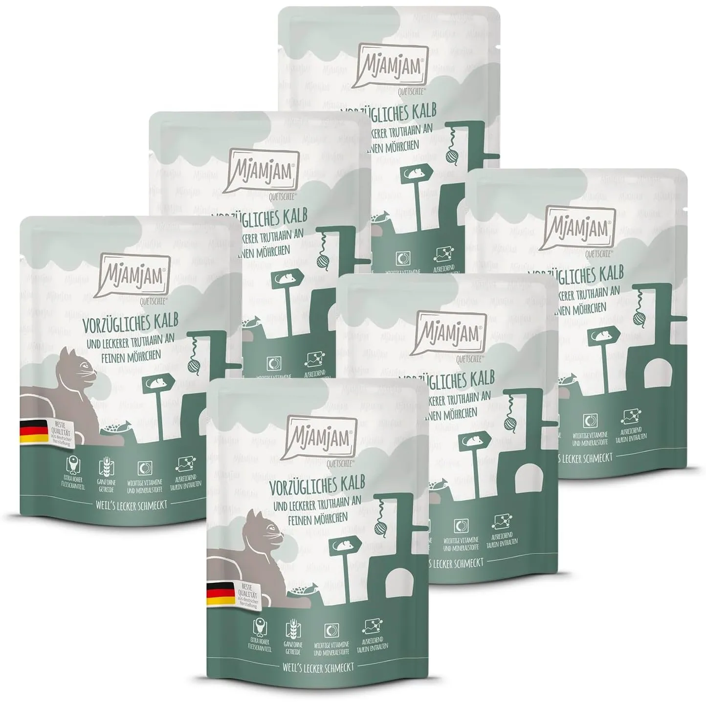 MjAMjAM - Premium Nassfutter für Katzen - Quetschie - vorzügliches Kalb & Truthahn an feinen Möhrchen, 6er Pack (6 x 30…
