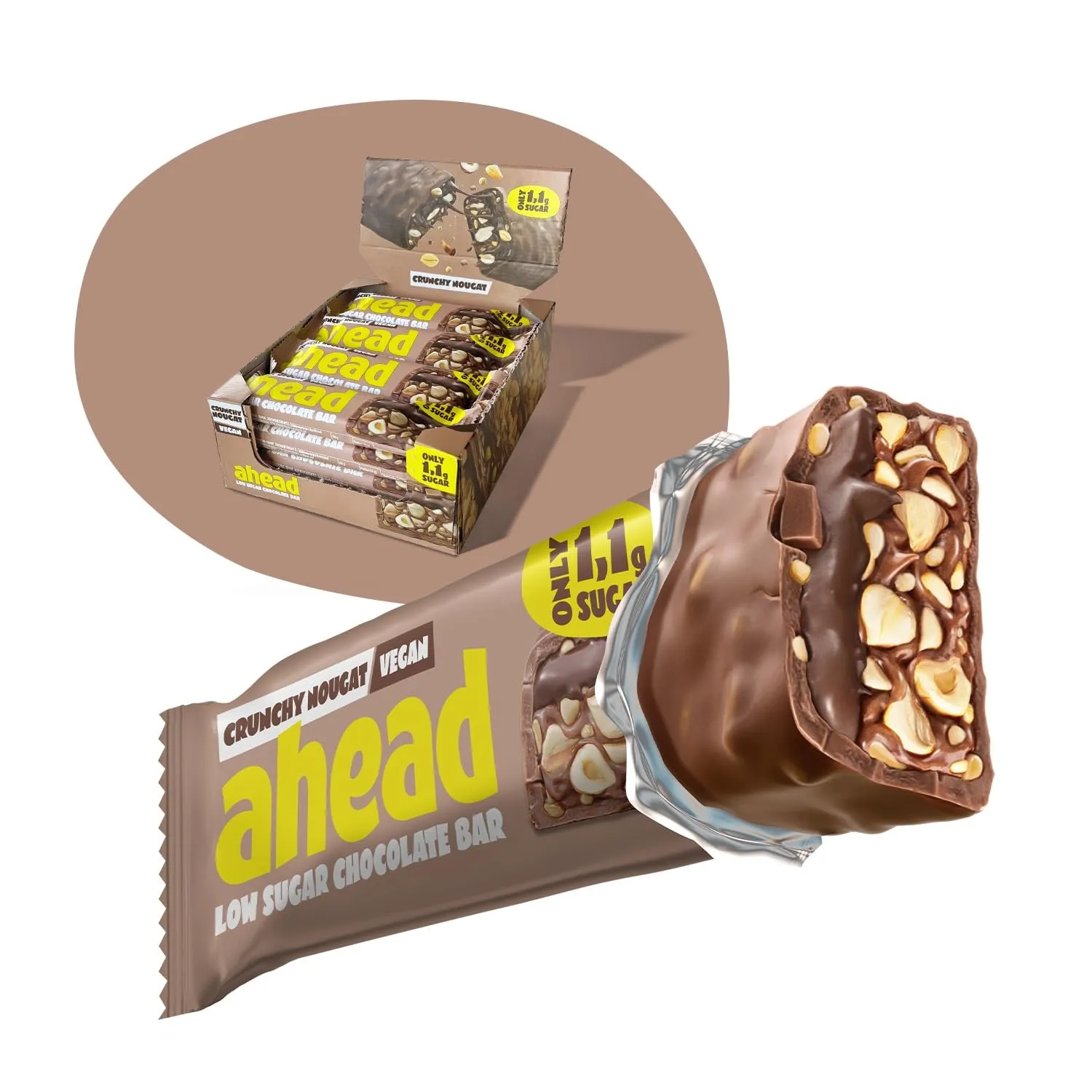 AHEAD Veganer Schokoriegel – Crunchy Nougat – 16 x 35g – Keto Riegel mit zuckerfreier Schokolade – nur 5g Net Carbs pro…
