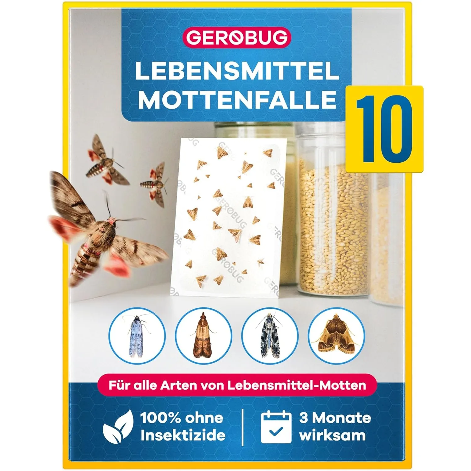 GEROBUG Lebensmittelmotten-Falle - 10 x geruchlose Pheromonfalle zum Fangen von Motten in allen Räumen - insektizidfrei…