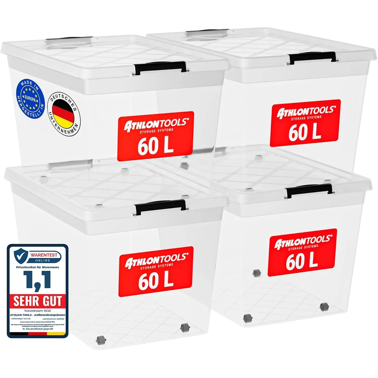 ATHLON TOOLS 4x 60 L Aufbewahrungsboxen mit Deckel, lebensmittelecht