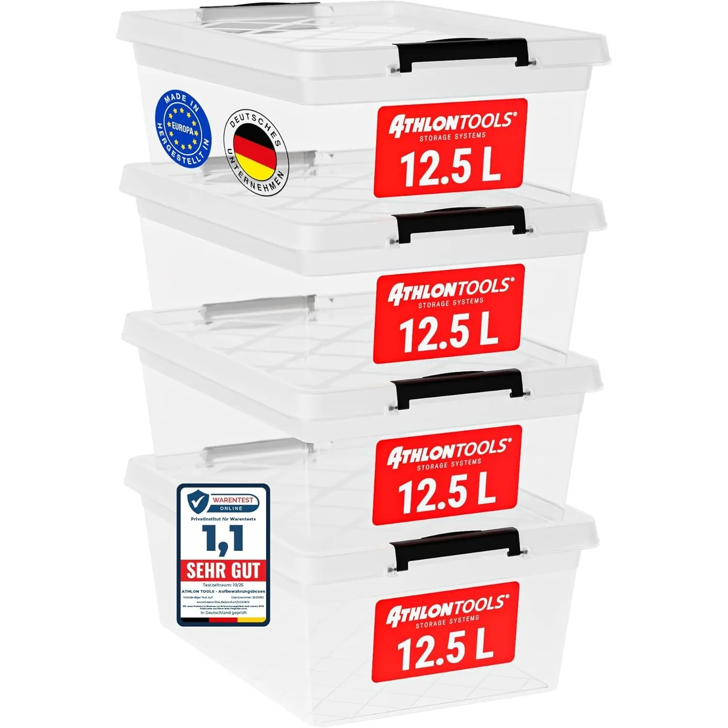 ATHLON TOOLS 4x 12.5 L Aufbewahrungsboxen mit Deckel, lebensmittelecht