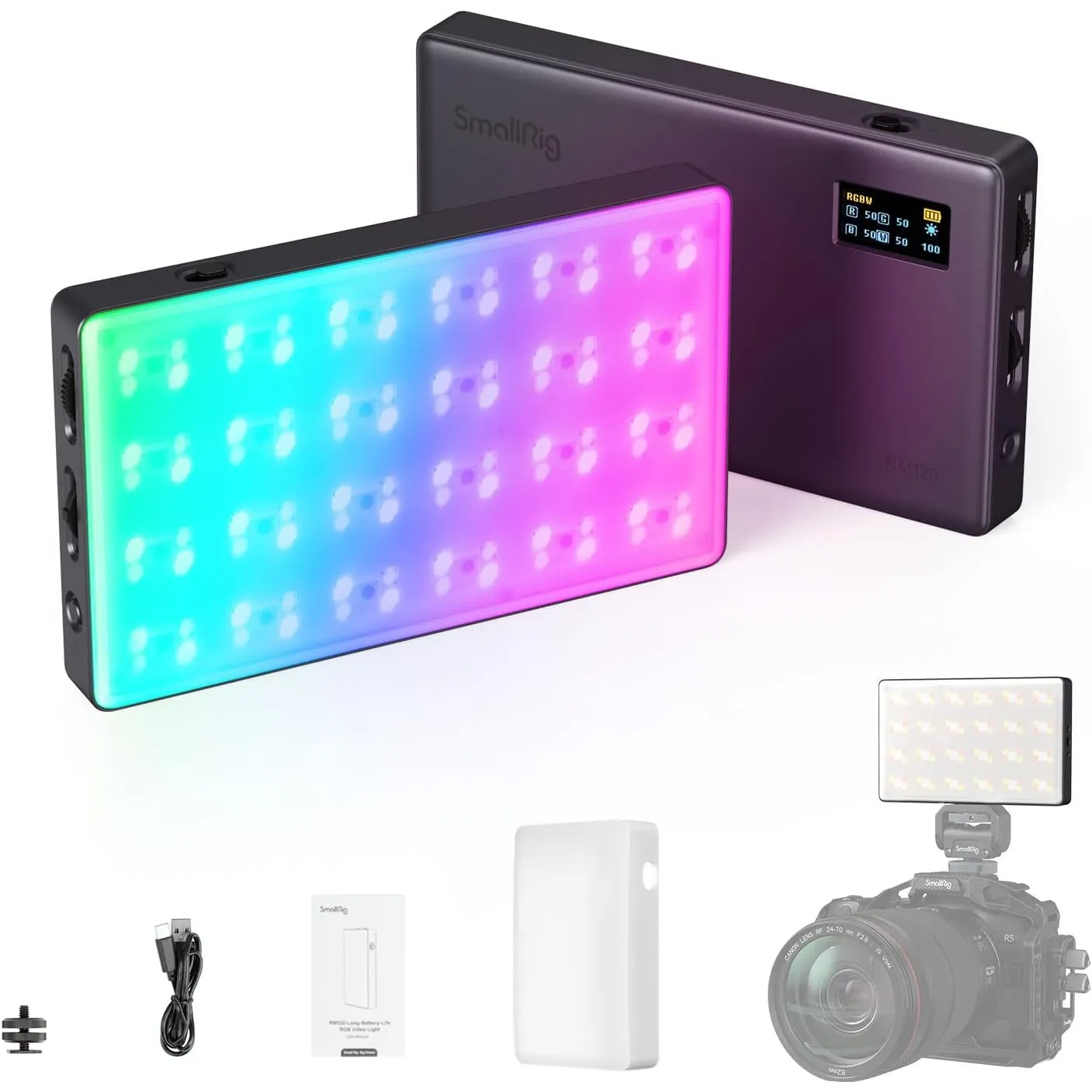 SMALLRIG Led Videoleuchte RGB, 5000mAh Fotolicht mit OLED-Bildschirm, Cold Shoe Mount und Diffusor, 1500Lux@0.3m 2500K-…