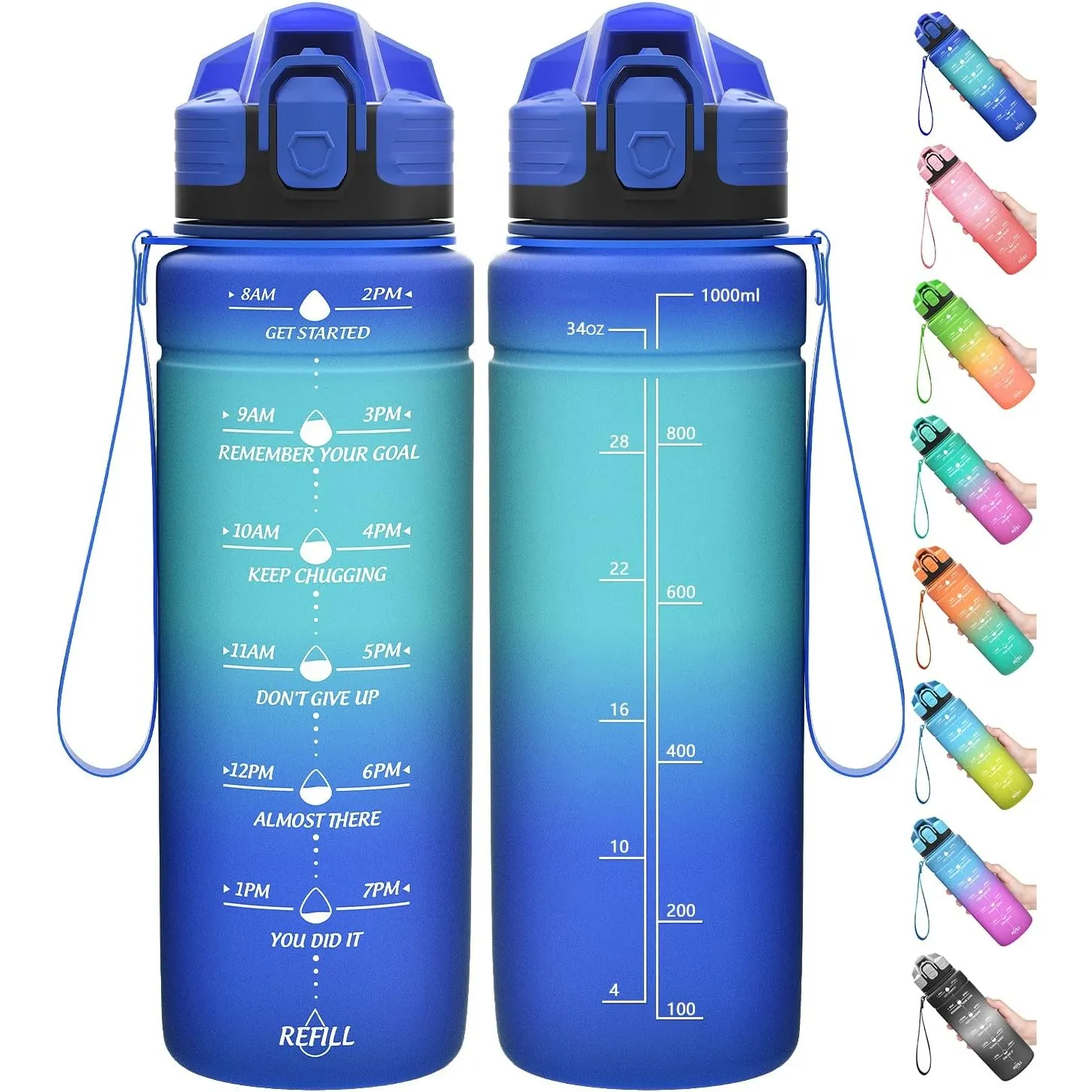 Sport Trinkflasche 2l, 1,5l, 1l, 700ml, 500ml Trinkflasche Kinder Auslaufsicher, Motivierende Wasserflasche mit Zeitmar…