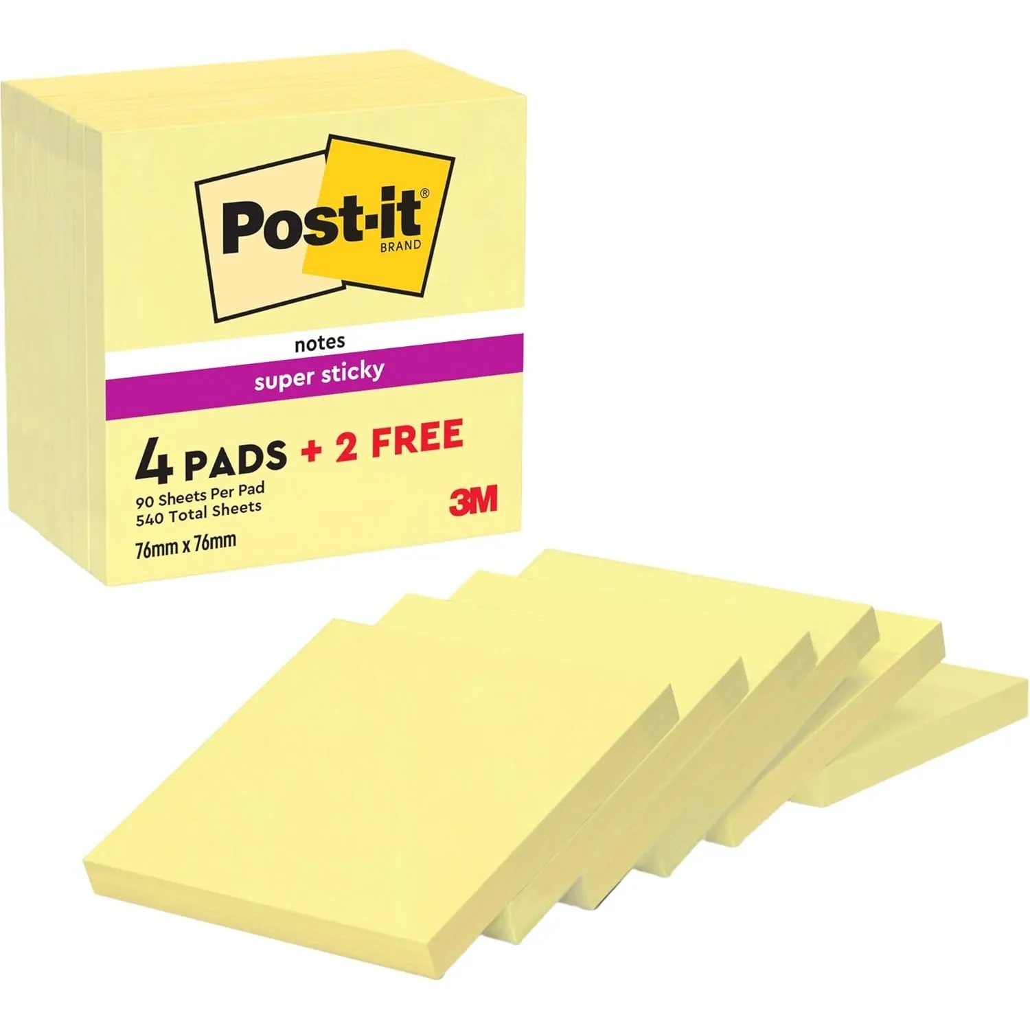 Post-it Super Sticky Notes Kanariengelb, Packung mit 6 Blöcken, 90 Blatt pro Block, 76 mm x 76 mm, Farbe: Gelb - Extra-…
