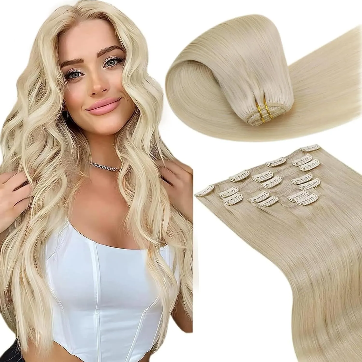 LaaVoo Clip in Extensions Echthaar Blond Extensions Echthaar Clips Bleach Blonde 50cm Menschenhaar Hellblond 120g 7pcs …
