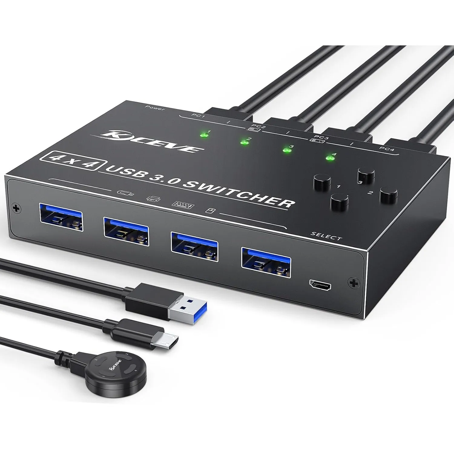 USB 3.0 Switch 4 PC,MLEEDA USB Switch 4 In 4 Out,USB KVM Umschalter für Tastatur Maus Drucker,mit kabelgebundener Fernb…