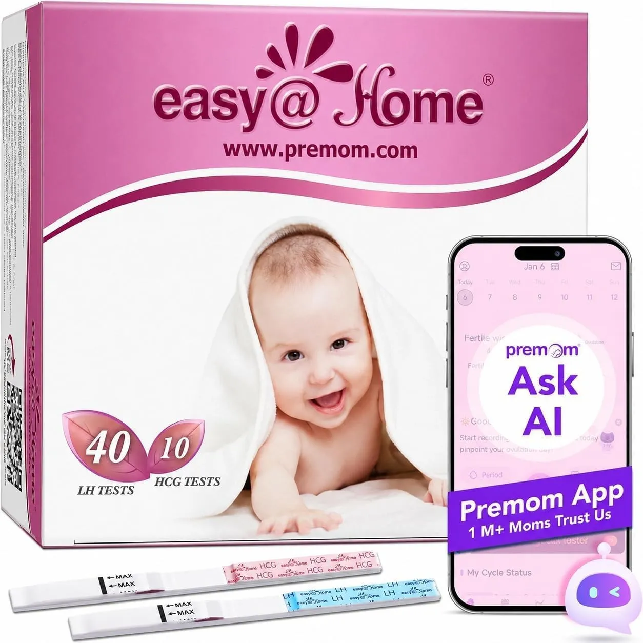 Easy@Home 40 Ovulationsteststreifen und 10 Schwangerschaftsteststreifen, Breite von 5 mm, angetrieben durch Premom Ovul…
