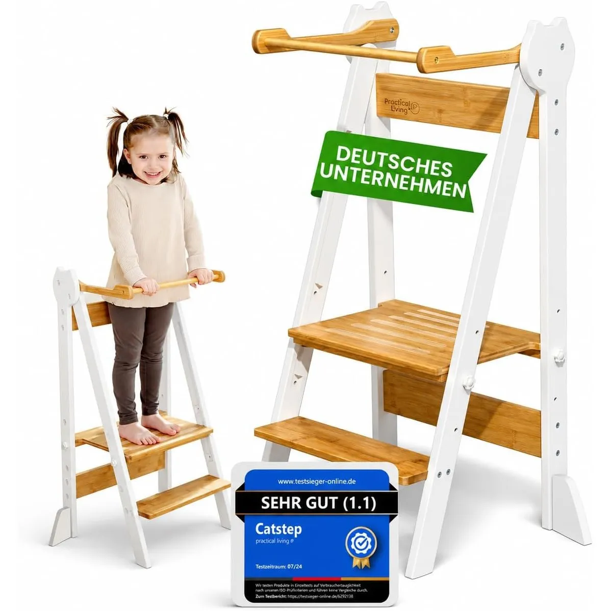 Lernturm Montessori aus Bambus, Klappbar, Tritthocker, Schemel für Kinder