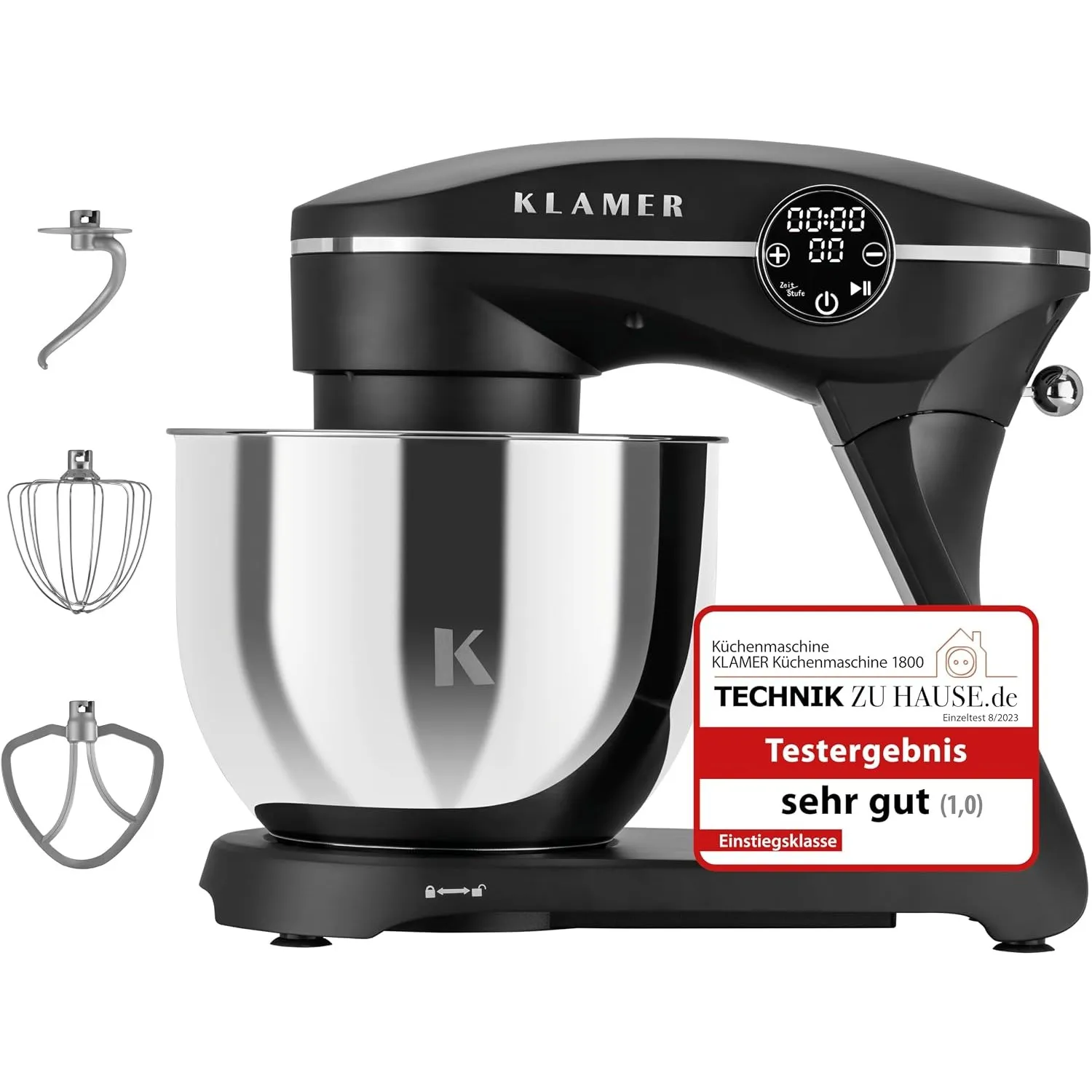 KLAMER Küchenmaschine 1800W, Knetmaschine Brotteig mit 6L Edelstahlschüssel