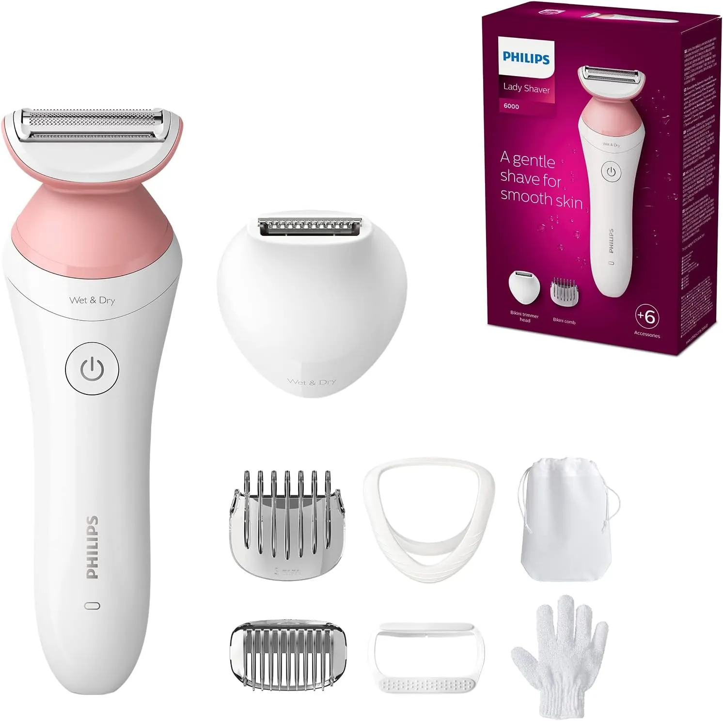 PHILIPS Lady Shaver Series 6000, Kabelloser Rasierer mit 6 Zubehörteilen Körperpeeling-Handschuh, Trimmer für die Bikin…