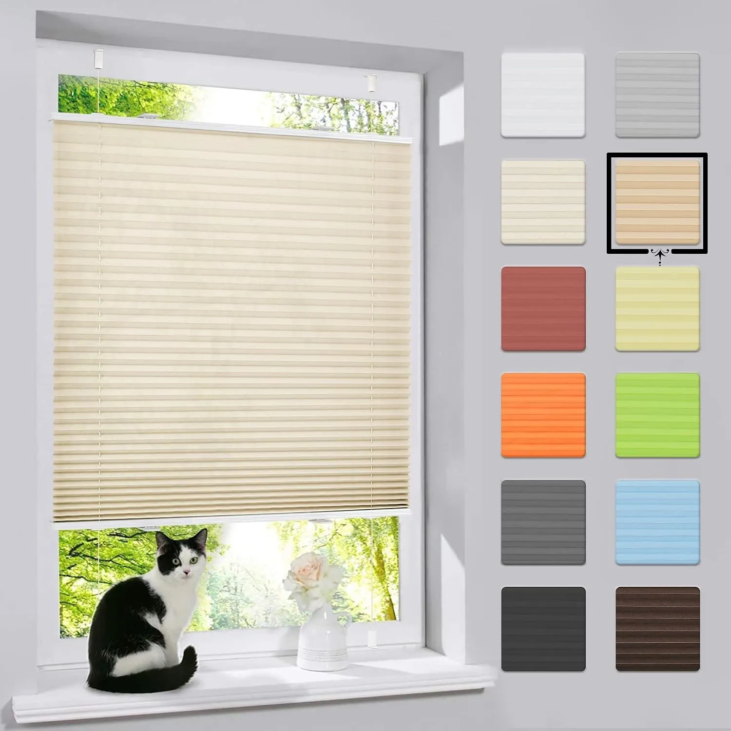 bobodeco Plissee ohne Bohren Klemmfix Faltrollo Jalousie Creme 60x120cm (BxH), Plisseerollo Sichtschutz und Sonnenschut…