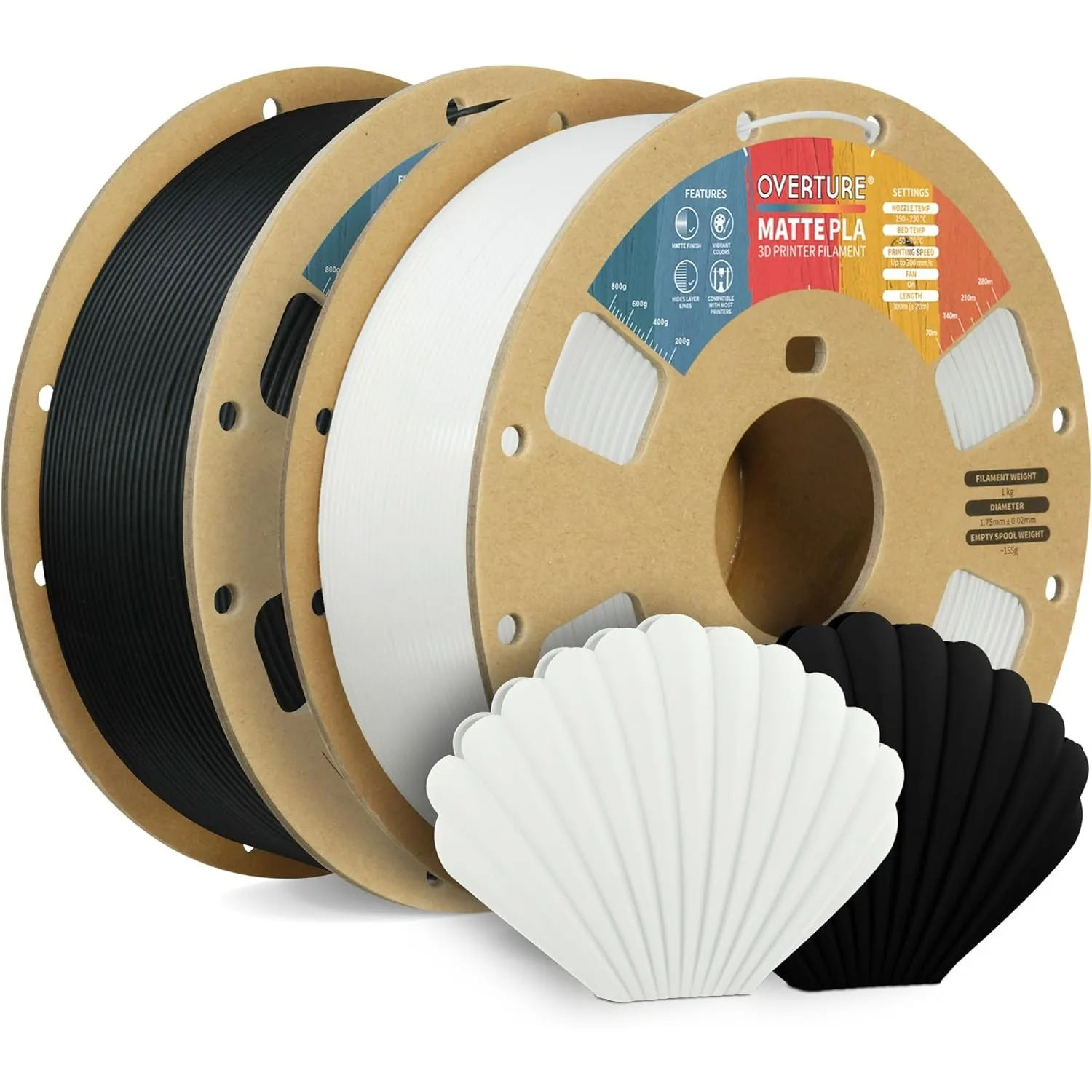 OVERTURE Matte PLA Filament 1,75 mm Schwarz+Weiß, 2kg | PLA Matt Großpack