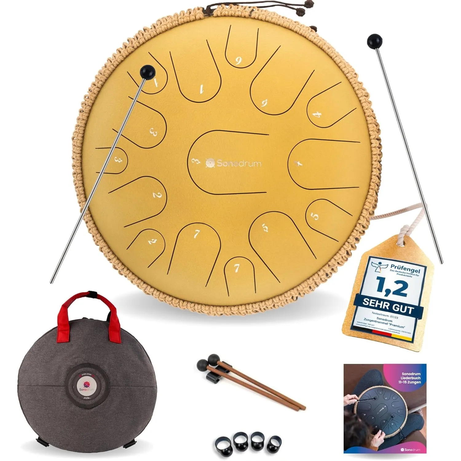Zungentrommel "Premium" C - Dur in Gold - 35 cm groß mit 15 Tönen - Steel Tongue Drum inkl. Liederbuch, Schlägel, Finge…