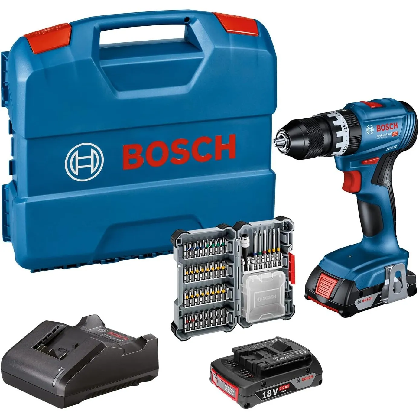 Bosch Professional 18V System Akku Schlagbohrschrauber GSB 18V-45 (Drehzahl 1.900 min⁻¹, inkl. 2x 2.0Ah Akku, Zubehöre,…