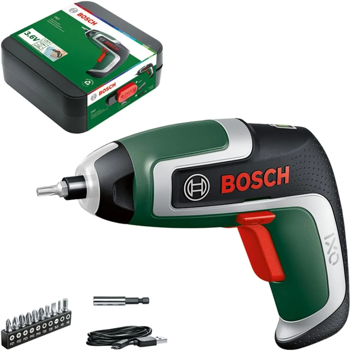 Bosch Akkuschrauber IXO (7. Generation; 3,6V; 2,0Ah; 5,5Nm; mit Mikro-USB-Kabel; kompatibel mit IXO-Collection-Aufsätze…