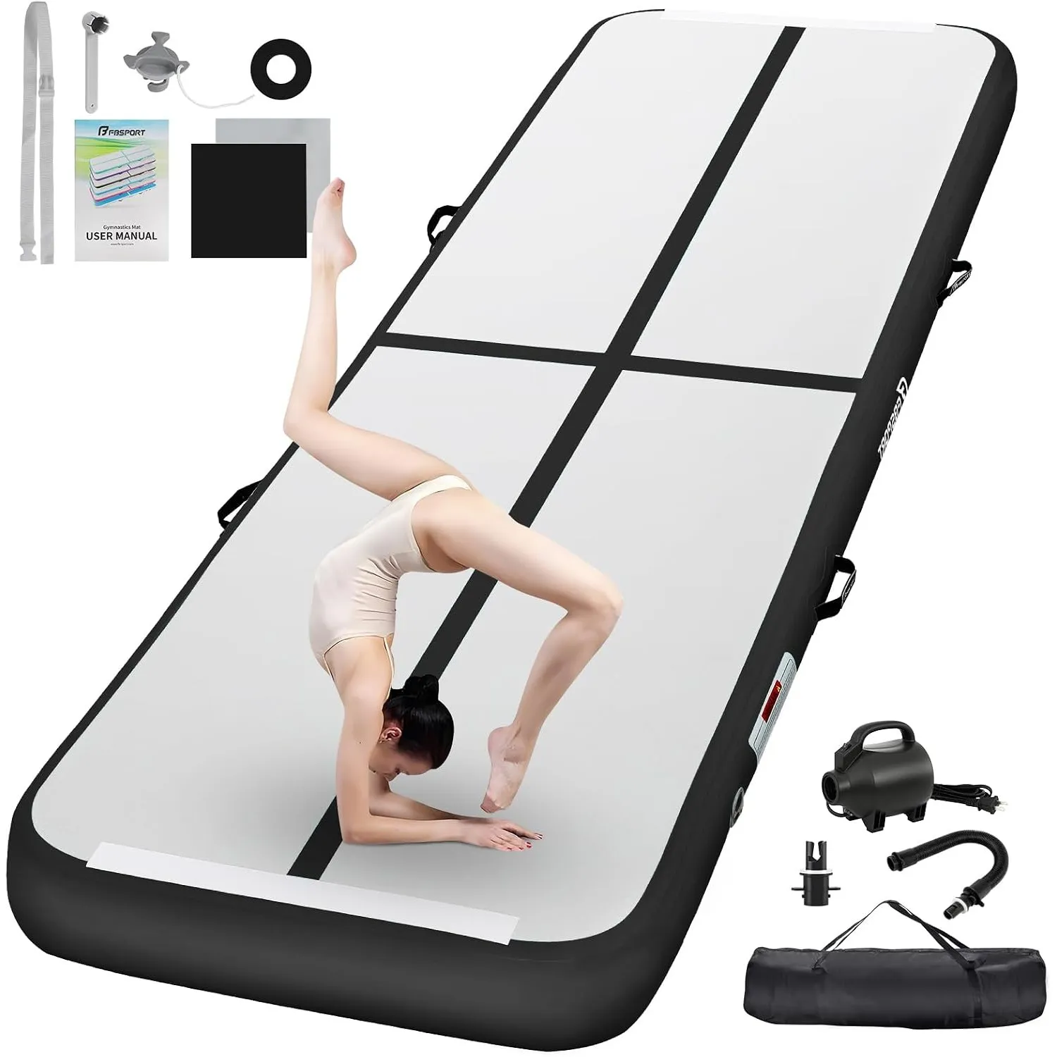 FBSPORT Airtrack Matte,10/20cm Hoch Verdicken 2/3/4/5/6/ M Tumbling Matte,Gymnastikmatte mit Luftpumpe,Trainingsmatte m…