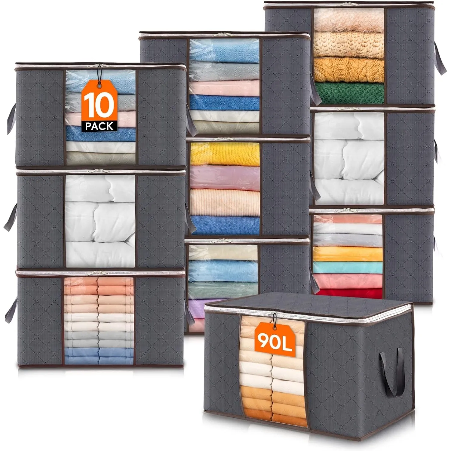 Lifewit 10 Stück 90L Aufbewahrungstasche, Aufbewahrungsbox mit Deckel, Groß Kleideraufbewahrung Umzugskartons, Faltbare…