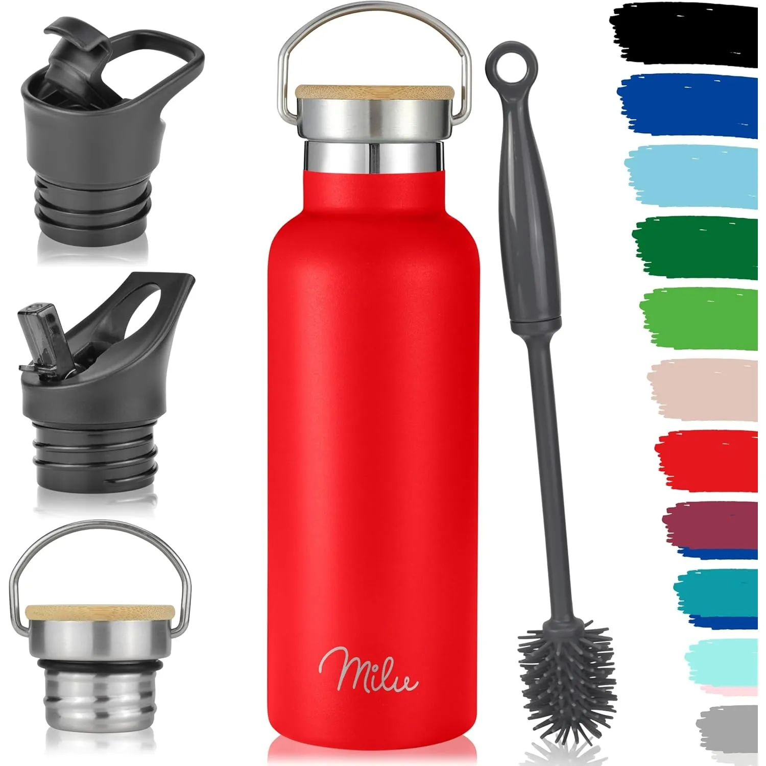 Milu Edelstahl Trinkflasche 350ml 500ml 750ml 1000ml (+3 Deckel) - Thermosflasche mit Strohhalm, Isolierte Wasserflasch…