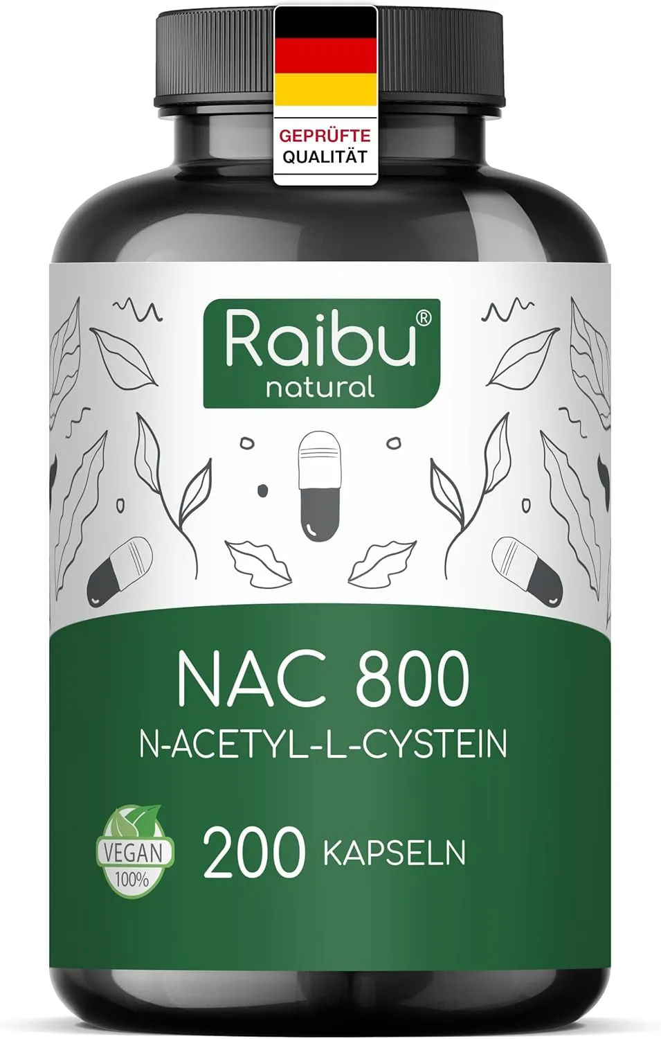 Raibu NAC 800 Kapseln hochdosiert (200 Kapseln x 800mg) I NAC Acetyl L-Cystein in bester Qualität ohne Zusätze in Deuts…