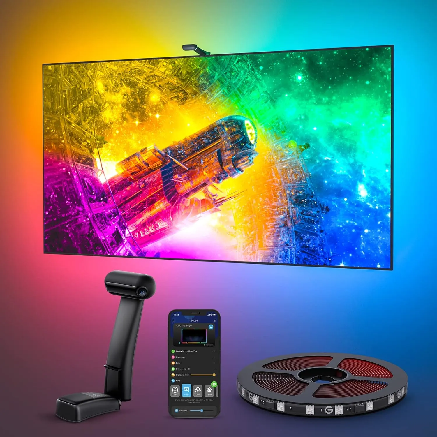 Govee Envisual TV Hintergrundbeleuchtung T2 mit Dual-Kamera für 55-65 Zoll Fernseher und PC, RGBIC WiFi TV LED Hintergr…