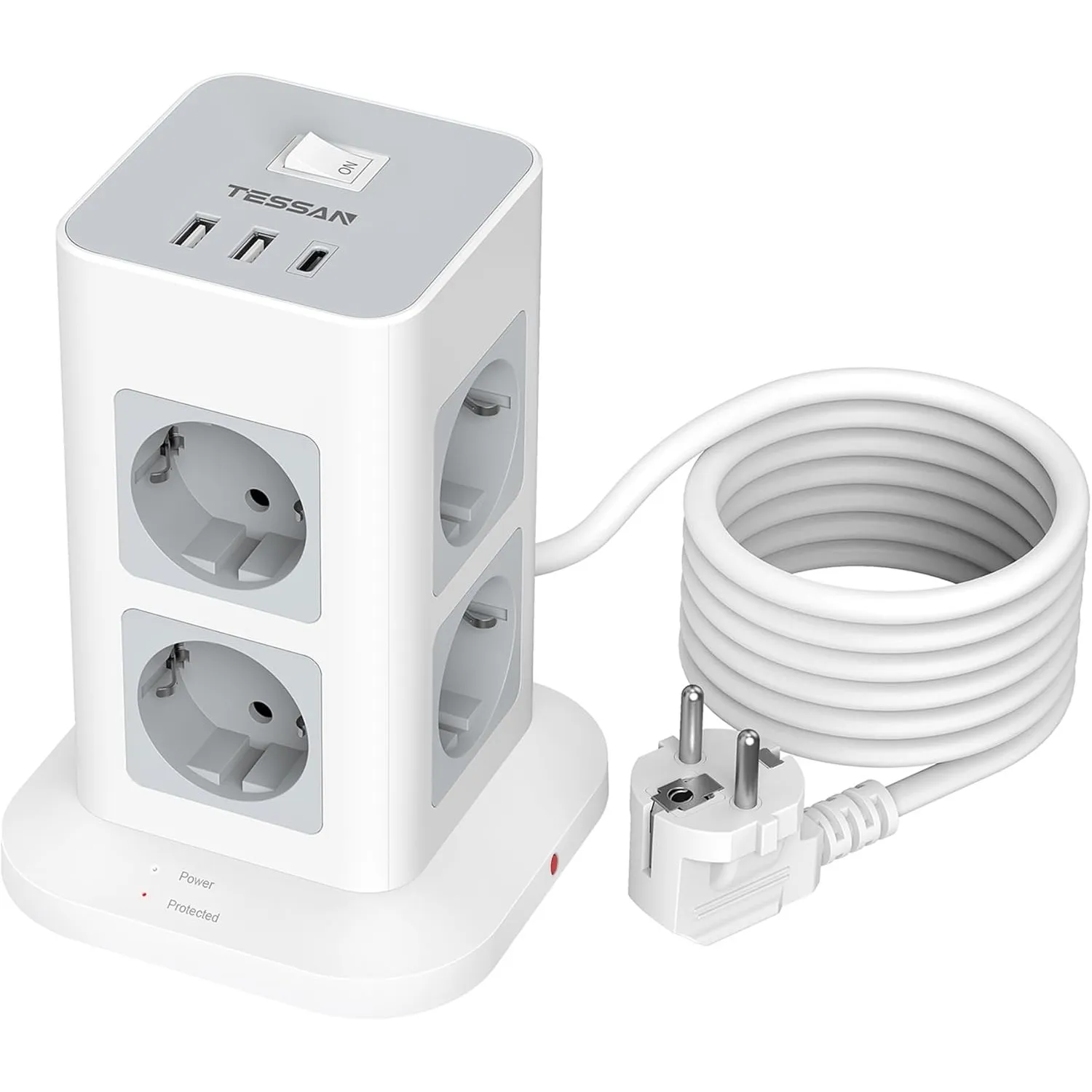 TESSAN 8 Fach Mehrfachsteckdose mit USB C, Verlängerungskabel 2M, Grau