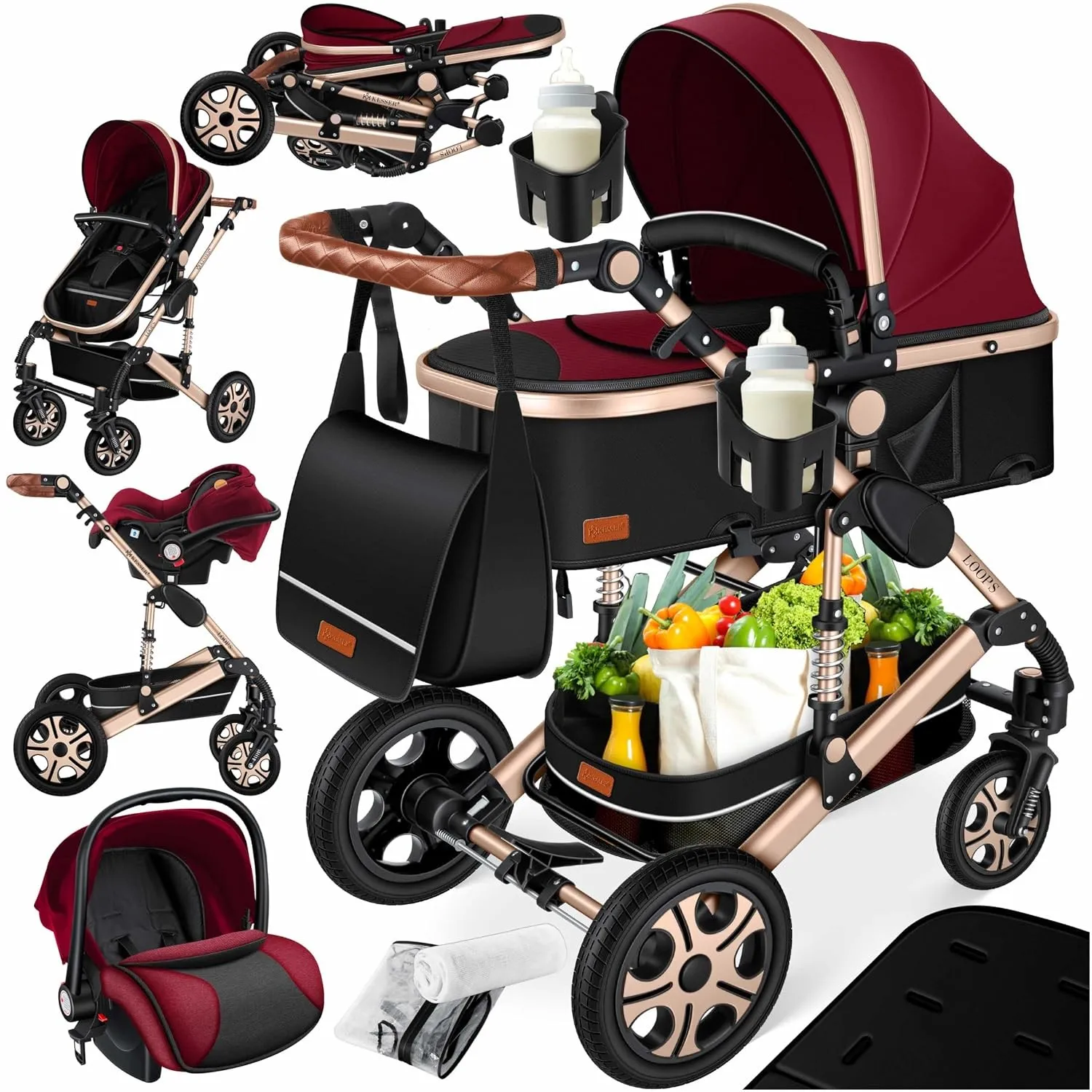 KESSER® Loops 4 in 1 Kinderwagen Kombikinderwagen Komplett-Set inkl. Babywanne & Buggy Sportsitz & Auto-Babyschale Voll…