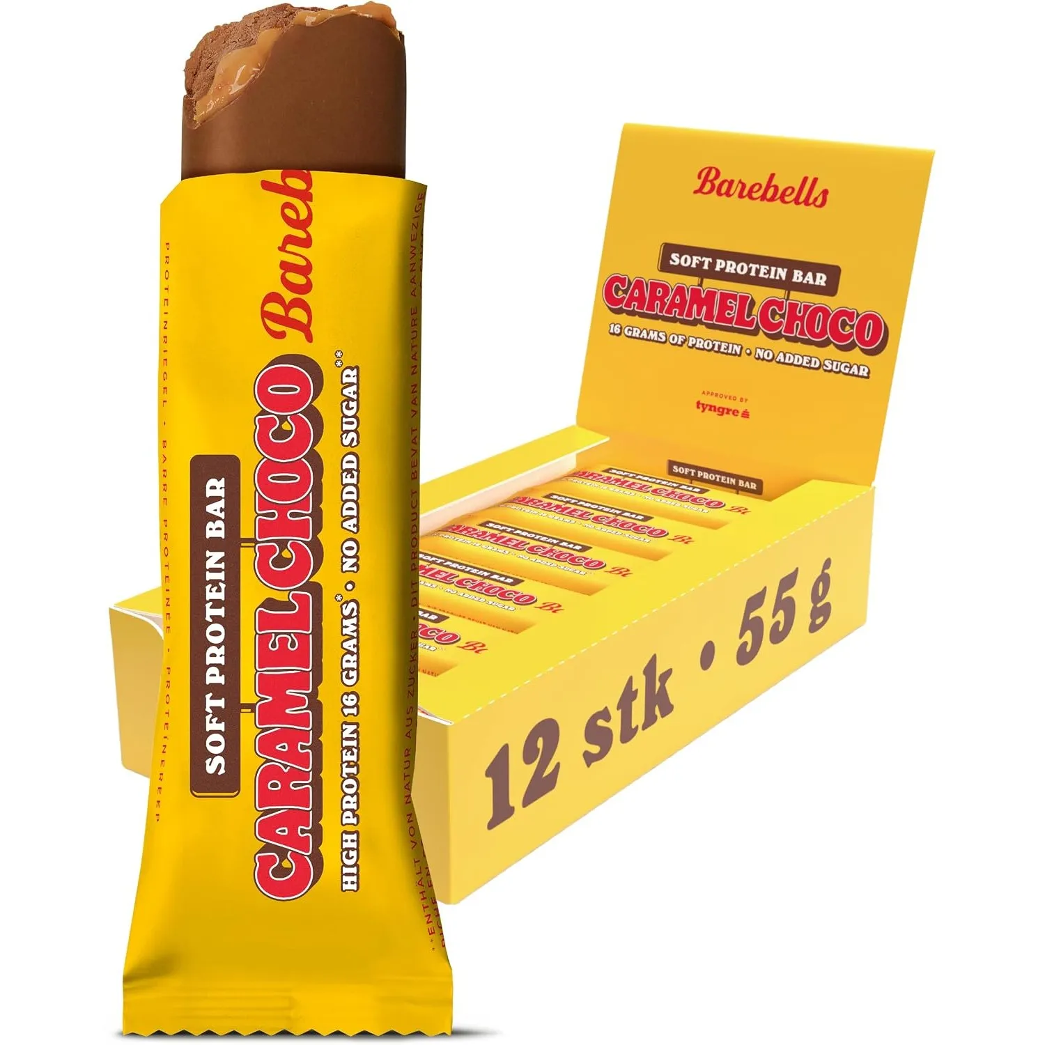 Barebells Soft Protein Riegel – 16g High Protein Bar, Zuckerarm, Eiweißriegel, Ohne Palmöl – Caramel Choco, 12 x 55