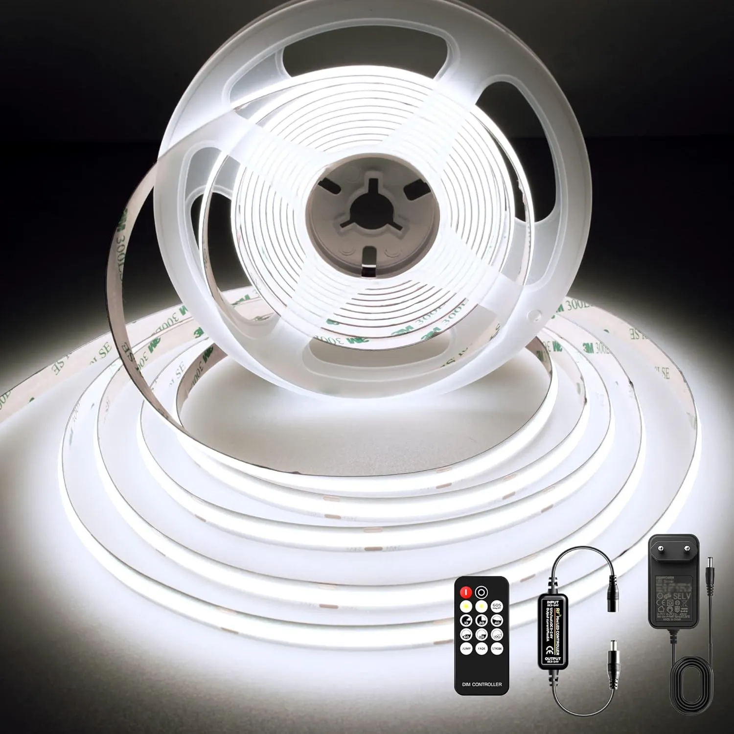COB LED Streifen 5m, 480 LEDs/m mit Netzteil und Fernbedienung, 24V, CRI 92+, 8mm, 6000K LED Strip Dimmbar für Wohnzimm…