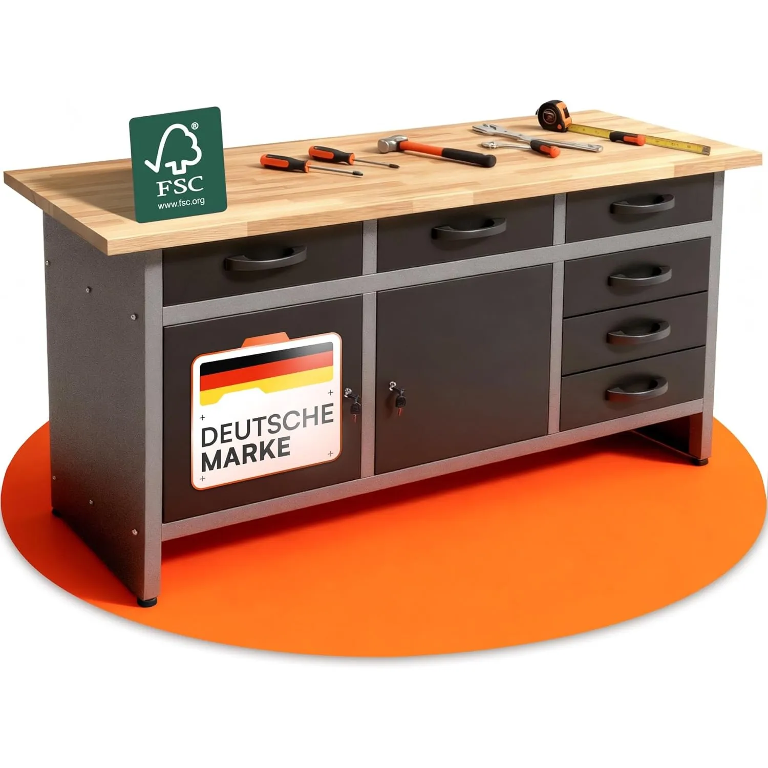 Ondis24 Werkbank Karsten Werktisch Packtisch 6 Schubladen Werkstatteinrichtung 160 x 60 x 85 (H) cm Buchenholzarbeitspl…